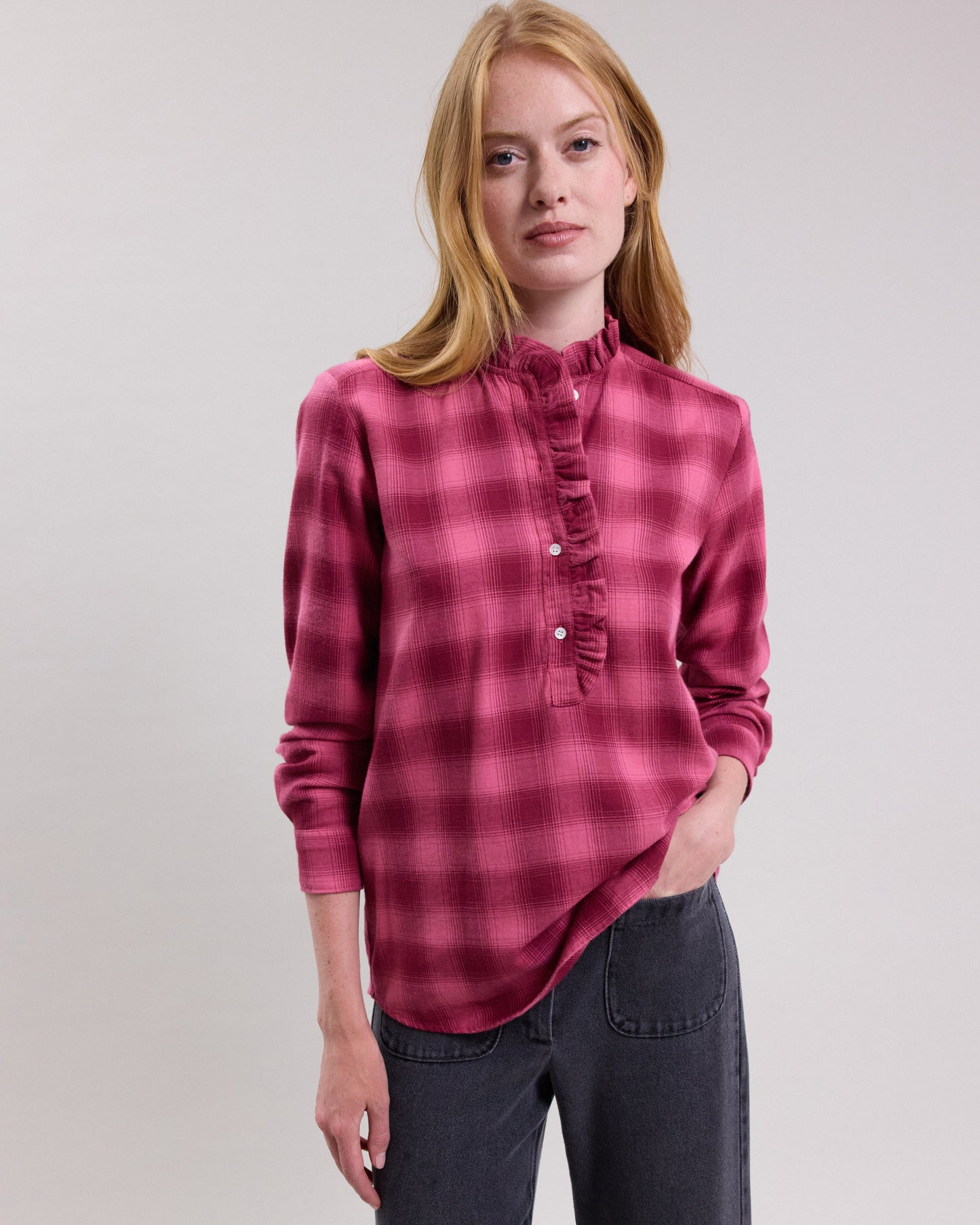 Chemise Femme en flanelle de coton imprimé à carreaux Rose Carmen