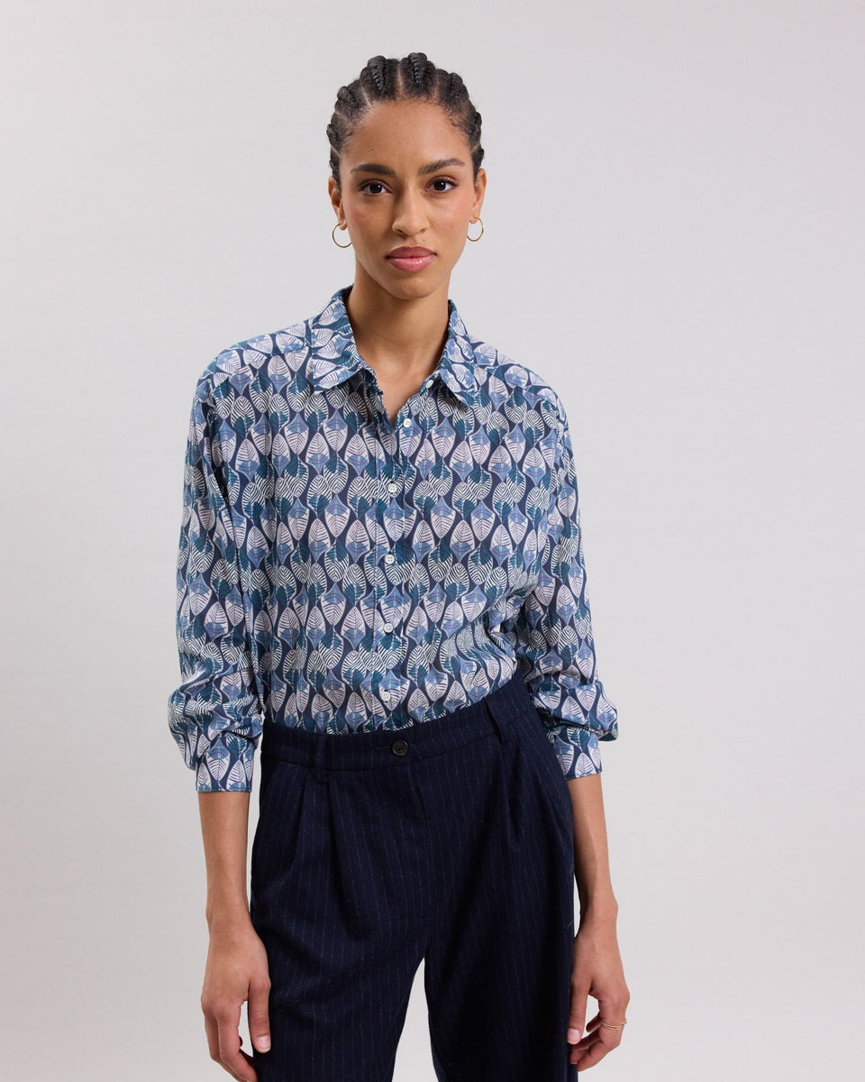 Cinema Women's petrol blue bird print cotton Shirt - Image principale