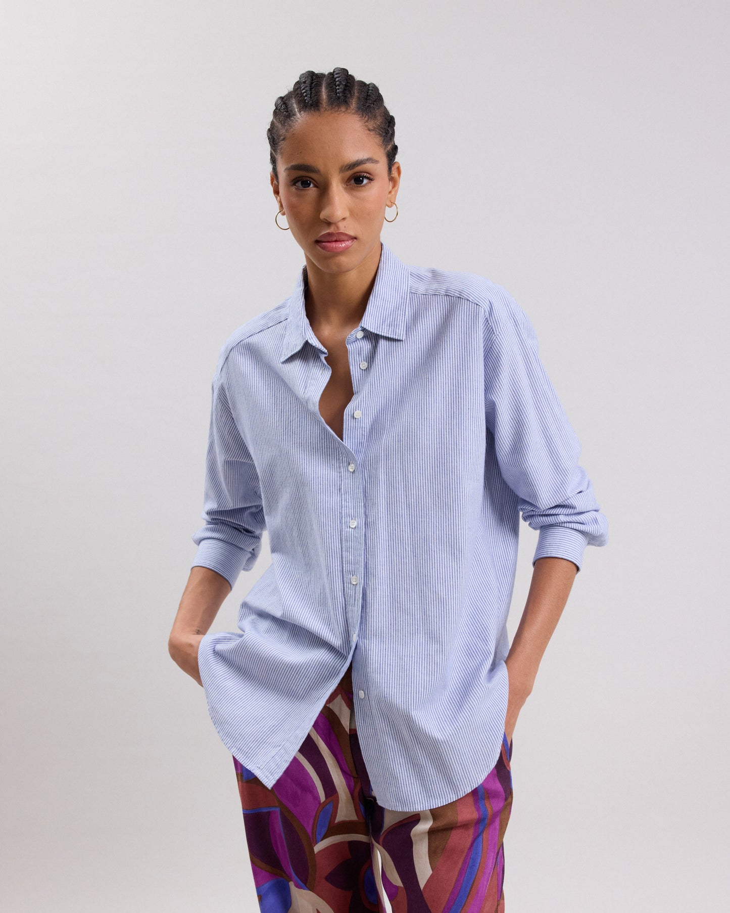 Chemise Femme en gabardine de coton à rayures Bleu & Blanc Cinema BCCE633-01