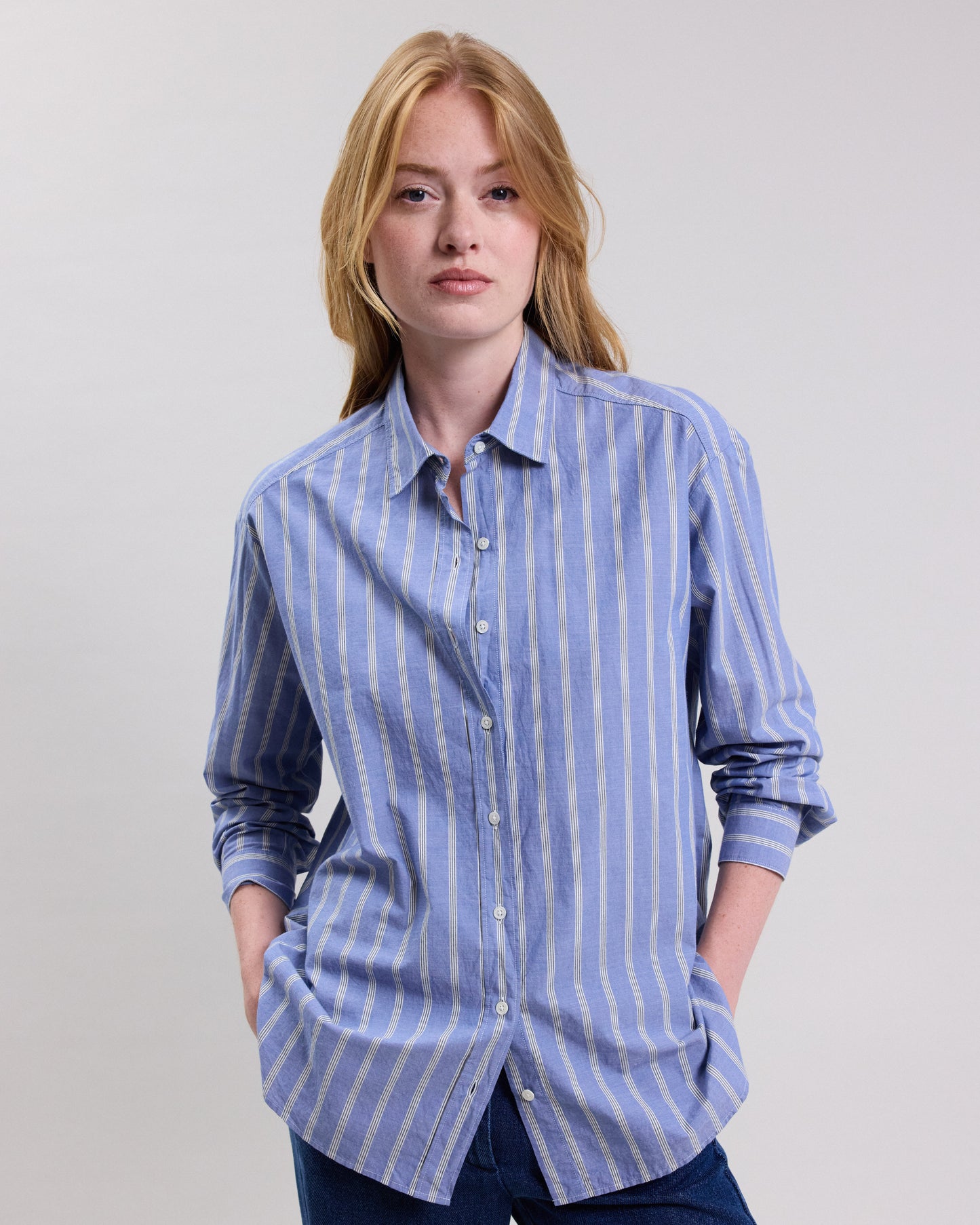 Chemise Femme en popeline de coton à rayures Bleu Cinema