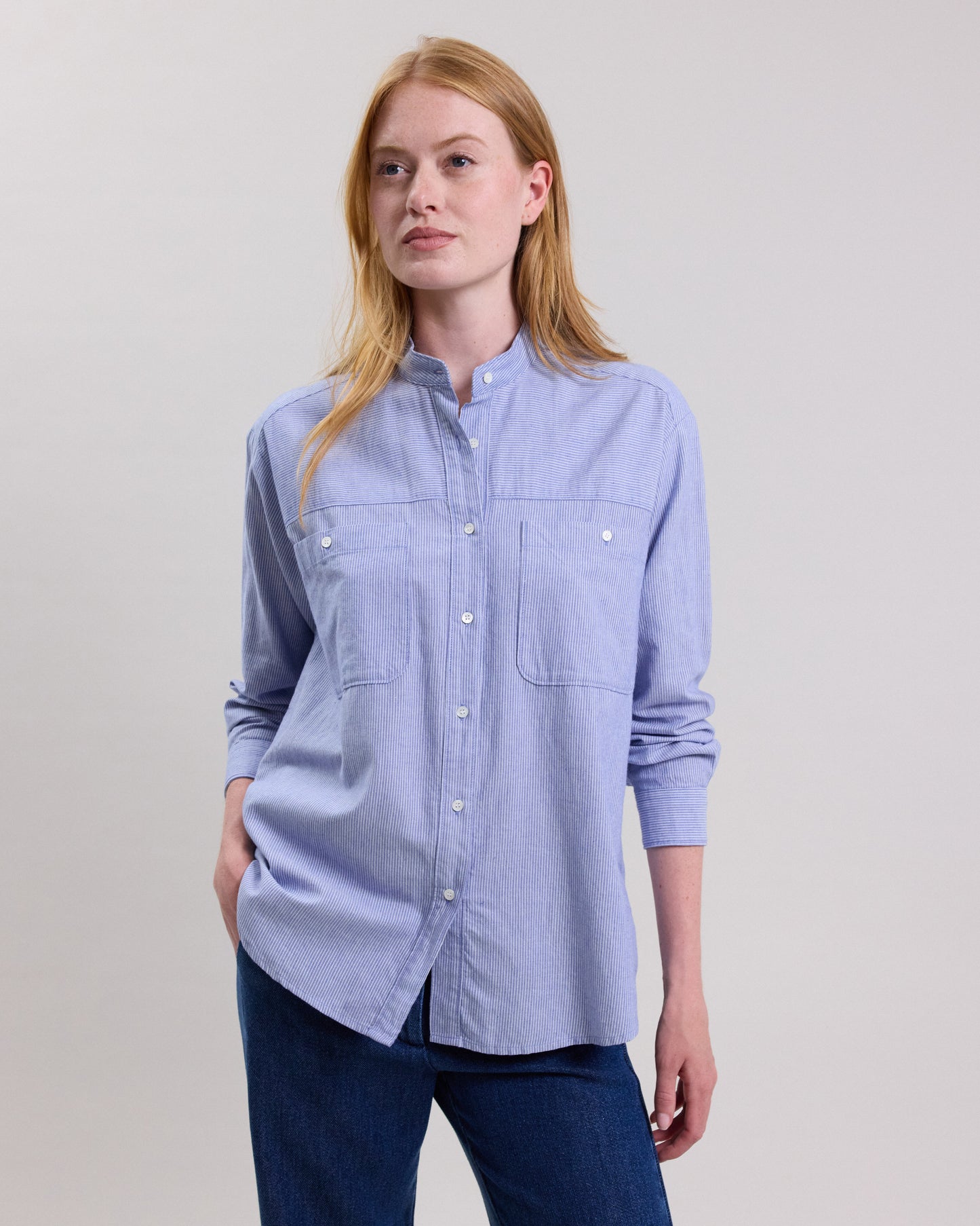 Chemise Femme en gabardine de coton à rayures Bleu Cloud