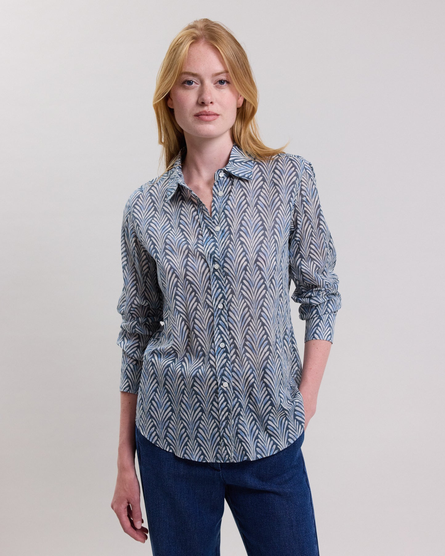 Chemise Femme en coton imprimé feuilles Bleu Coraz