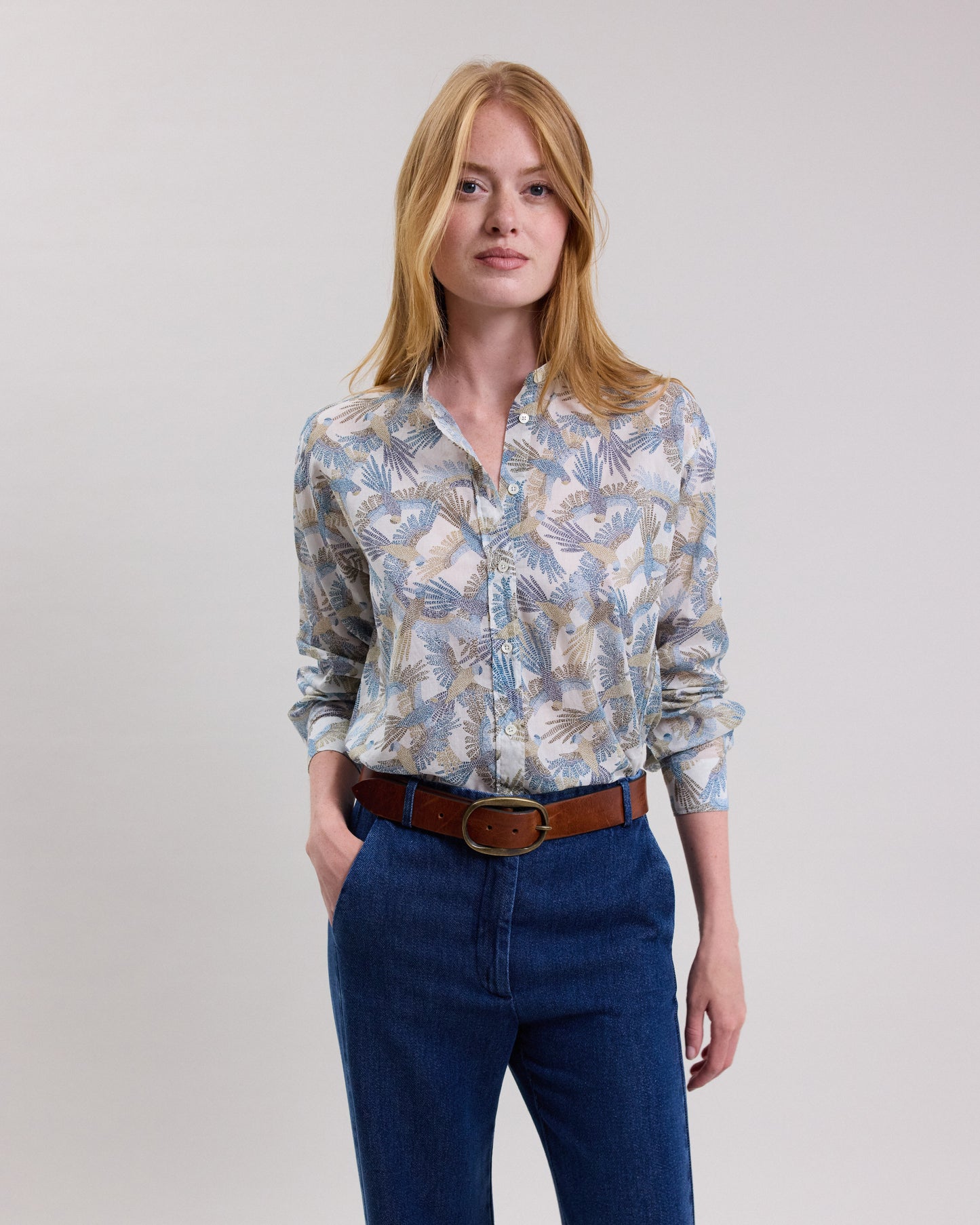 Cristal Women's white & blue birds print cotton Shirt