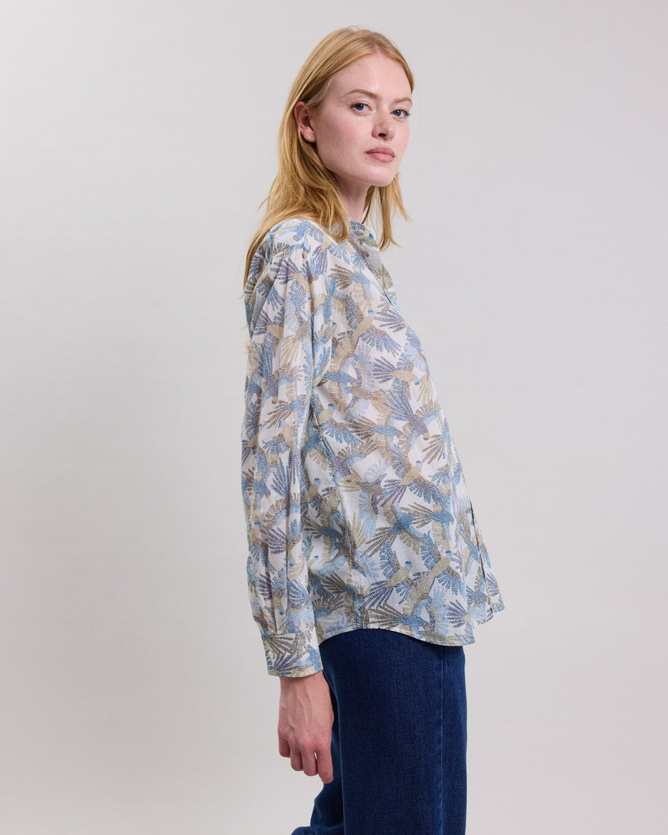 Cristal Women's white & blue birds print cotton Shirt - Image alternative