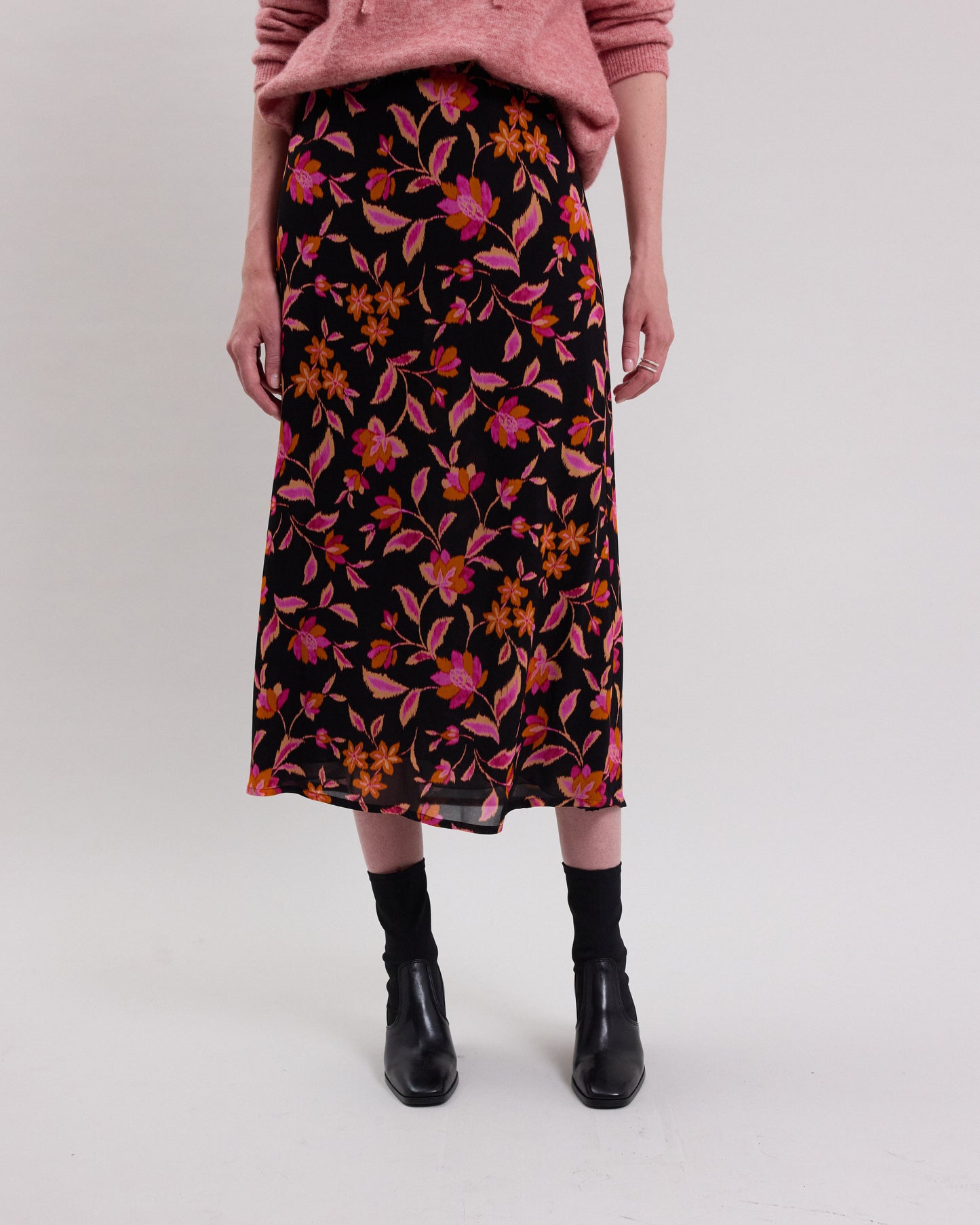 Jupe Femme en viscose imprimé floral Noir & Orange Juste