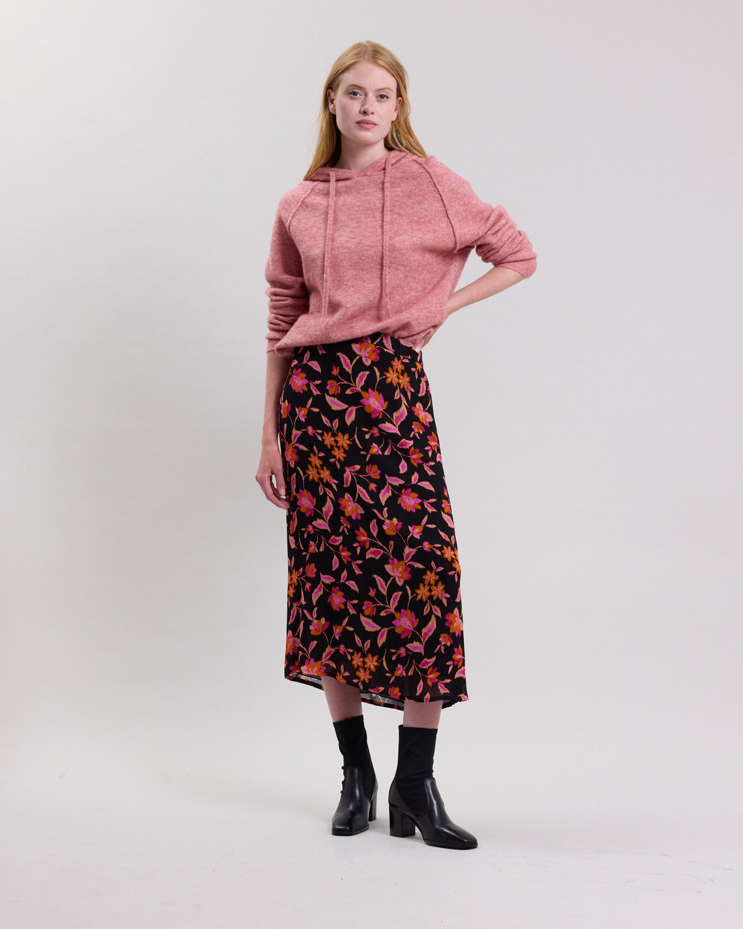 Jupe Femme en viscose imprimé floral Noir & Orange Juste