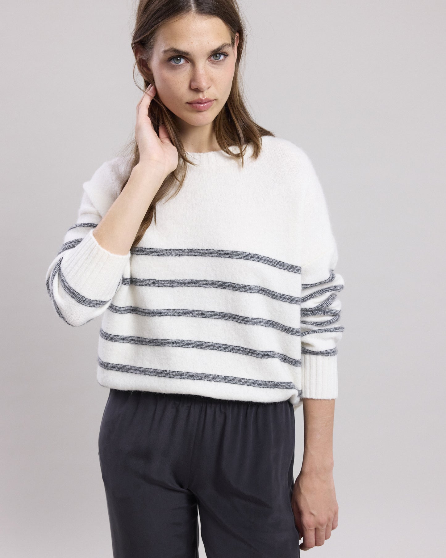 Pull Femme en alpaga & laine mérinos à rayures Ecru Manta