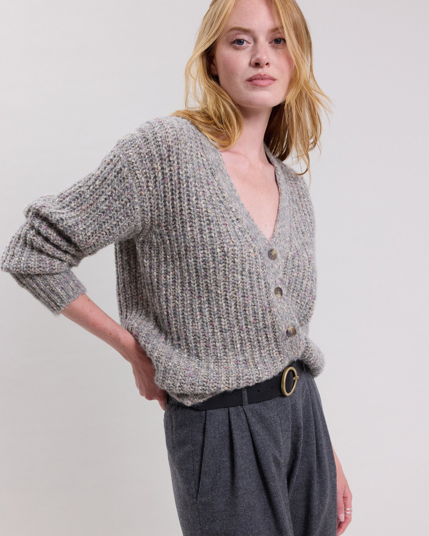 Cardigan Femme en coton & alpaga mélangé Gris Chiné Monia