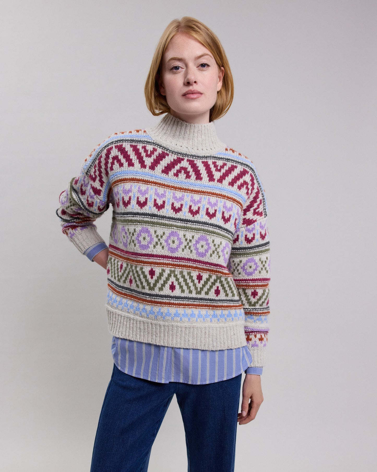 Pull Femme en laine mérinos et alpaga jacquard Multicolore Mayalen