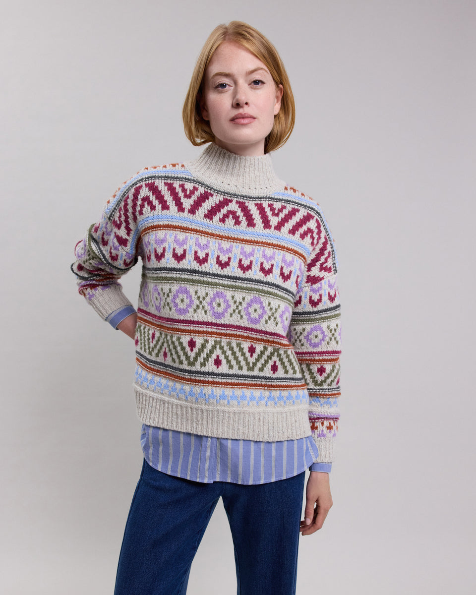 Pull Femme en laine mérinos et alpaga jacquard Multicolore Mayalen - Image principale