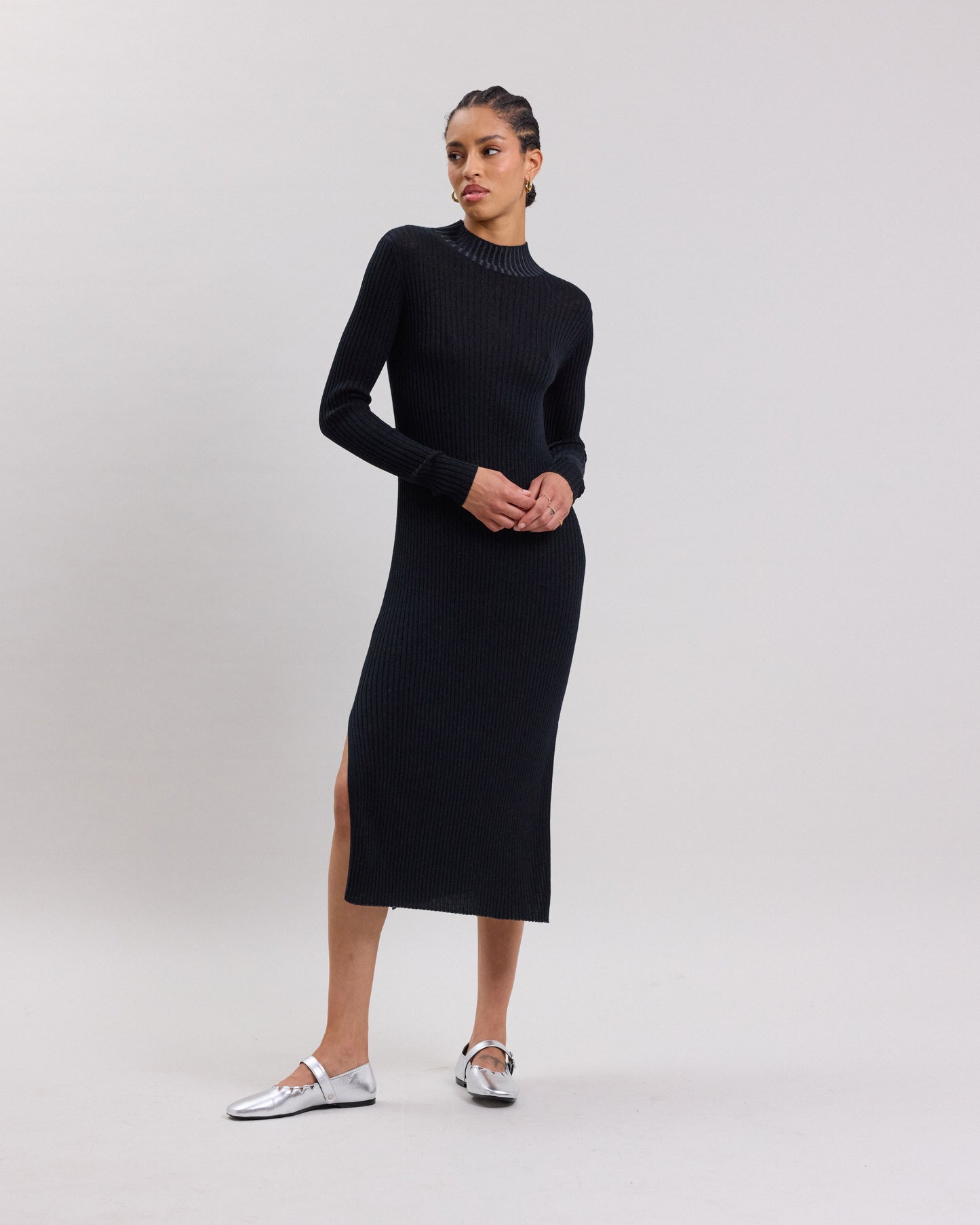 Robe Femme en laine et cachemire Noir & Lurex argenté Maous