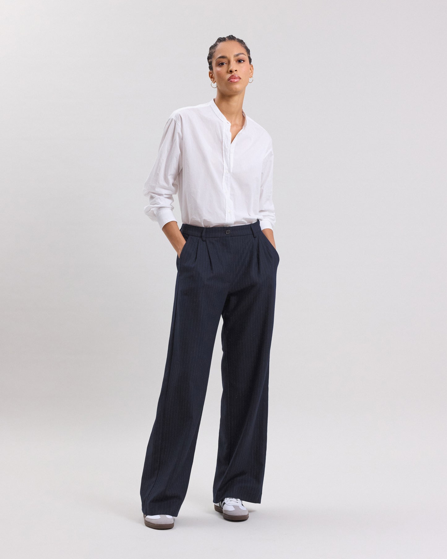 Pantalon Femme en laine vierge mélangée imprimé rayures Bleu Marine Panache