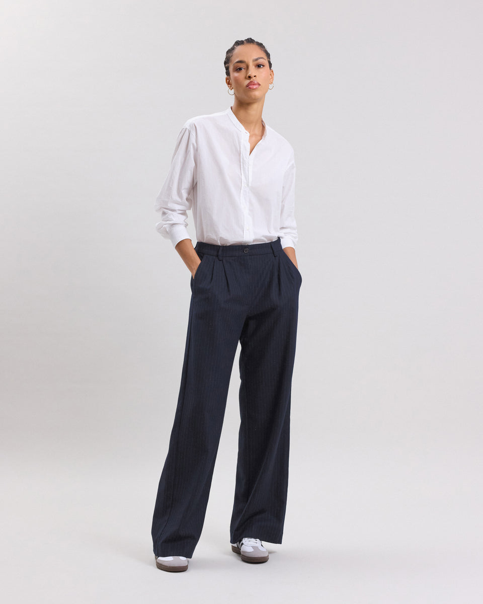 Pantalon Femme en laine vierge mélangée imprimé rayures Bleu Marine Panache - Image principale