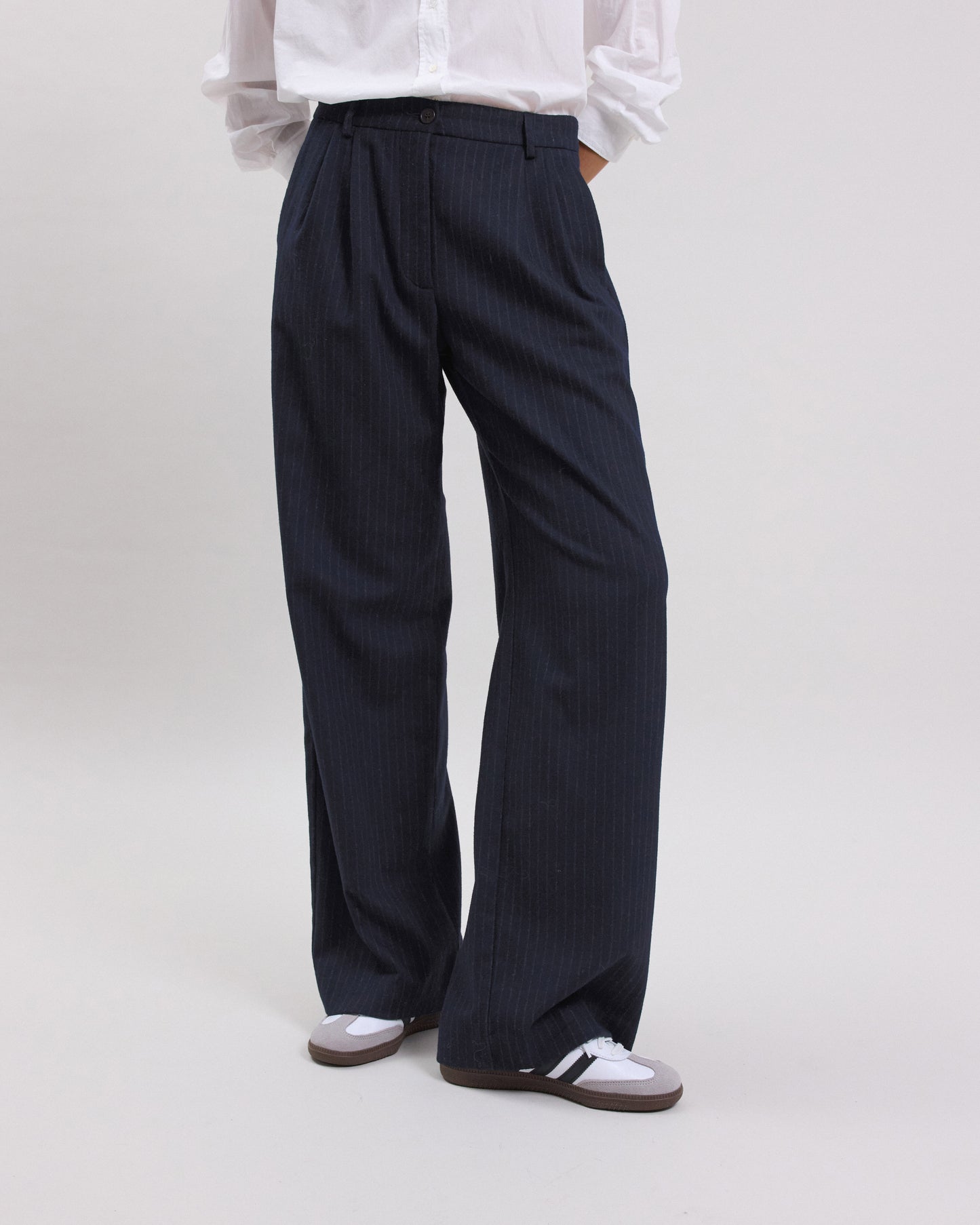 Panache Women's navy blue striped virgin wool blend Pants