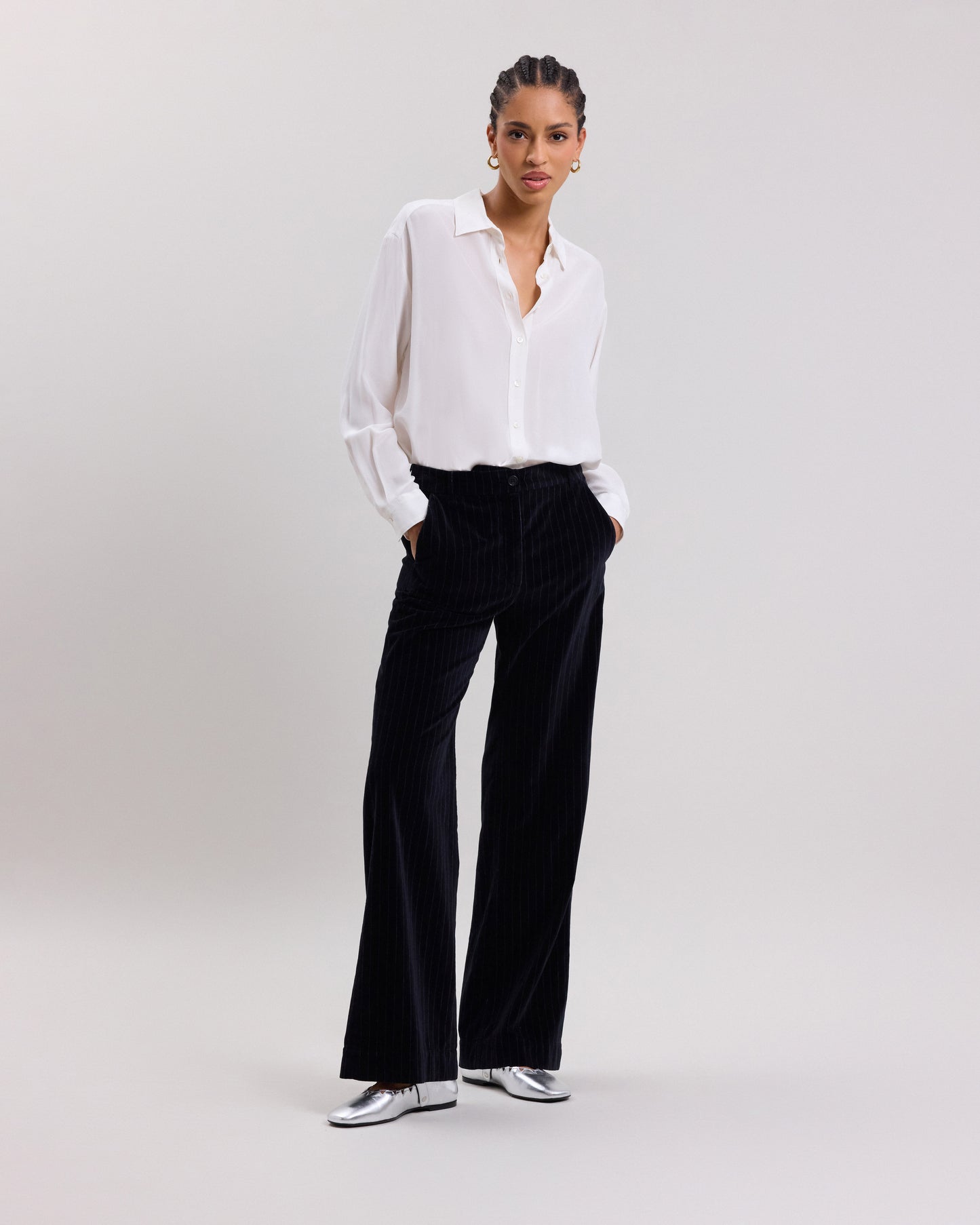 Pantalon Femme en velours lisse à rayures Noir Pandore