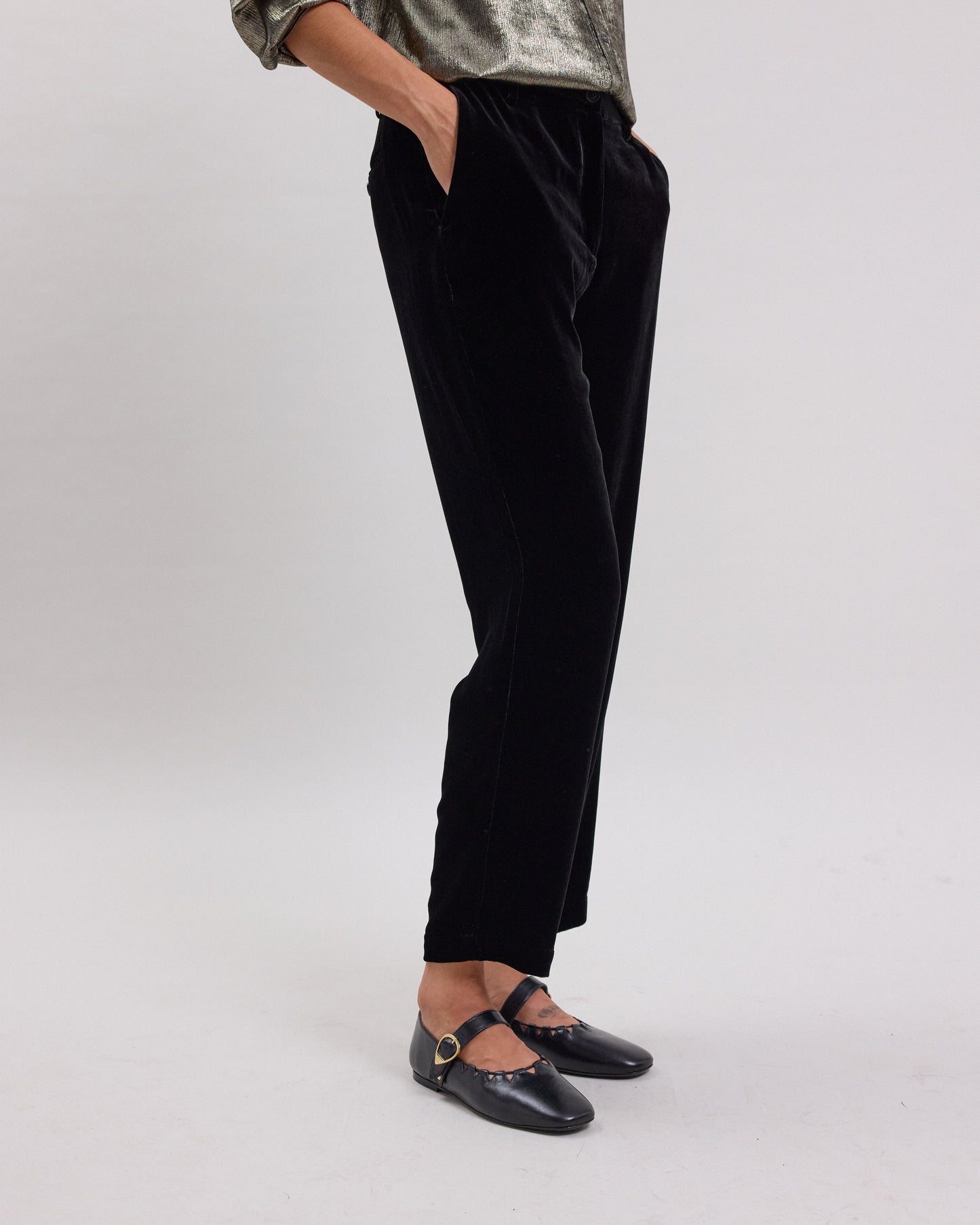 Pantalon Femme en panne de velours lisse Noir Pietra