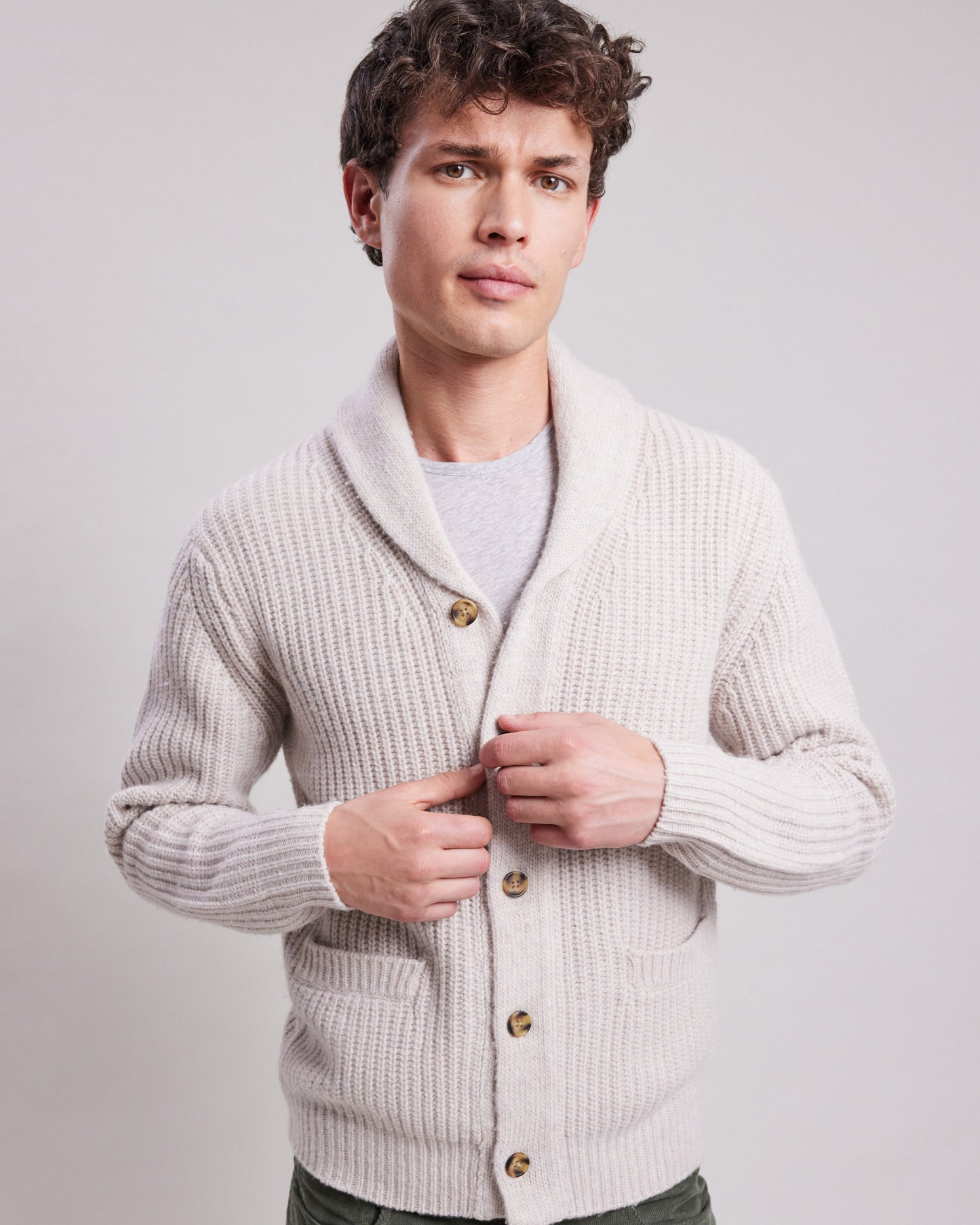 Pull cardigan col châle Homme en laine mérinos Ecru Shawl