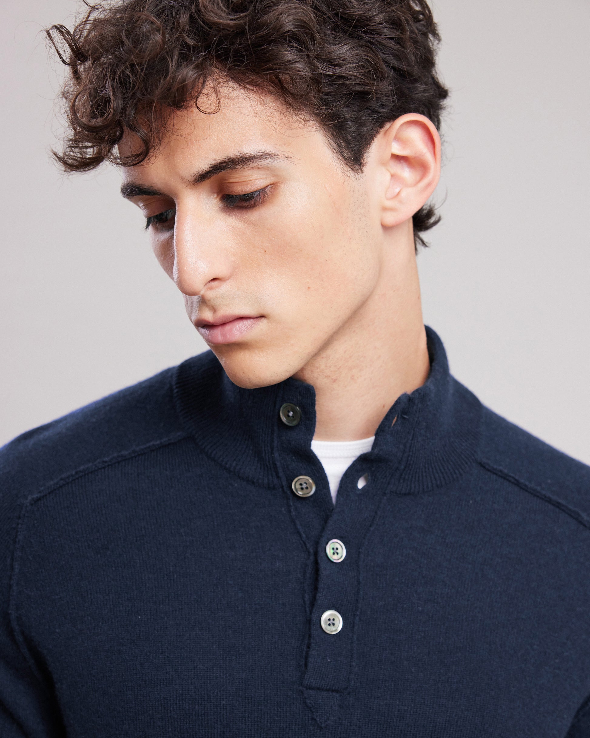 Pull col montant Homme en laine & cachemire Bleu Marine