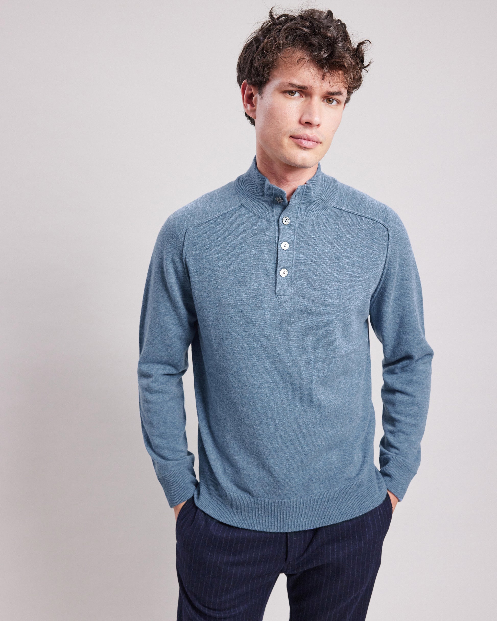 Pull col montant Homme en laine & cachemire Bleu Denim