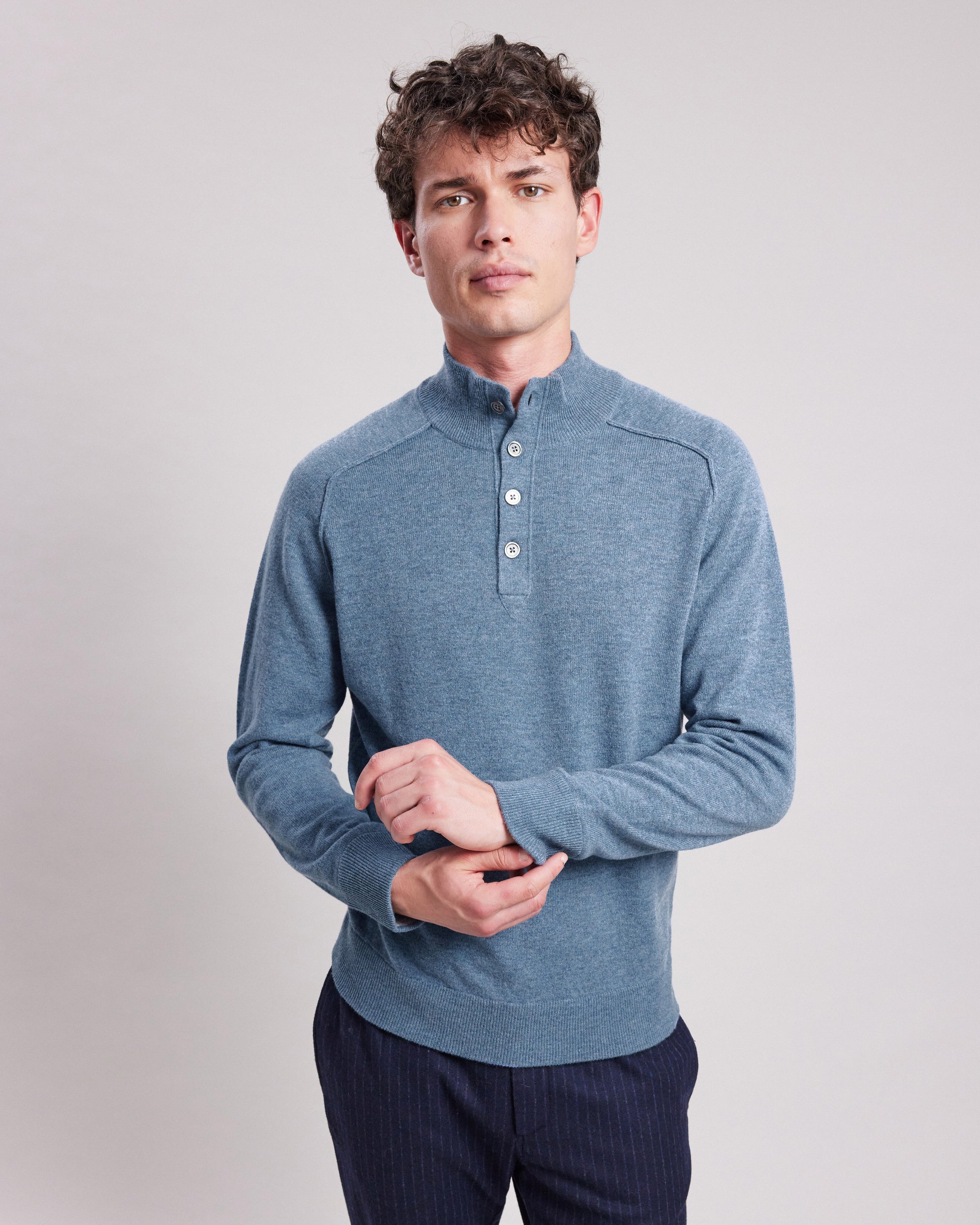 Pull col montant Homme en laine & cachemire Bleu Denim