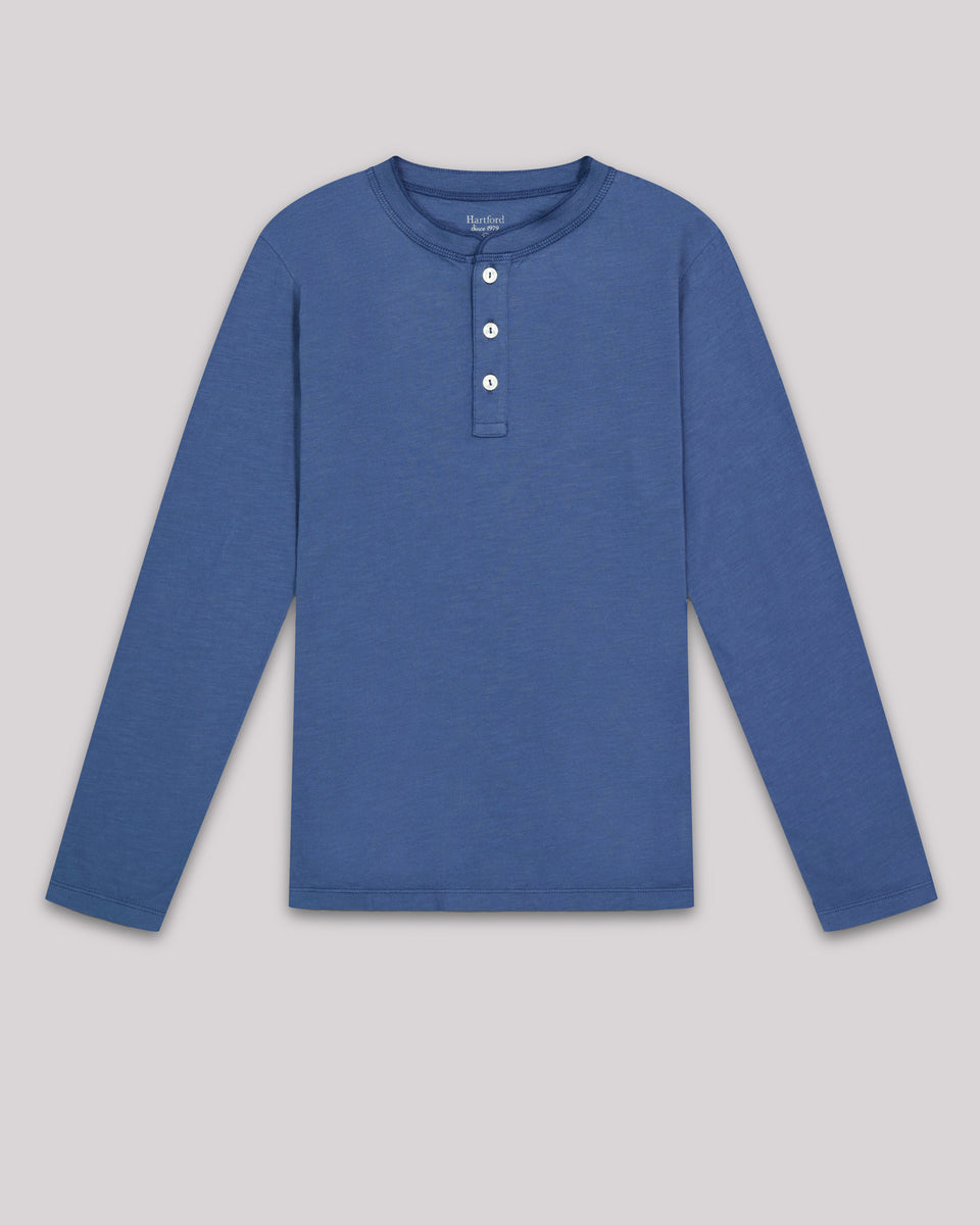 Tee shirt Garcon en coton slub Bleu Cobalt Henley - Image principale