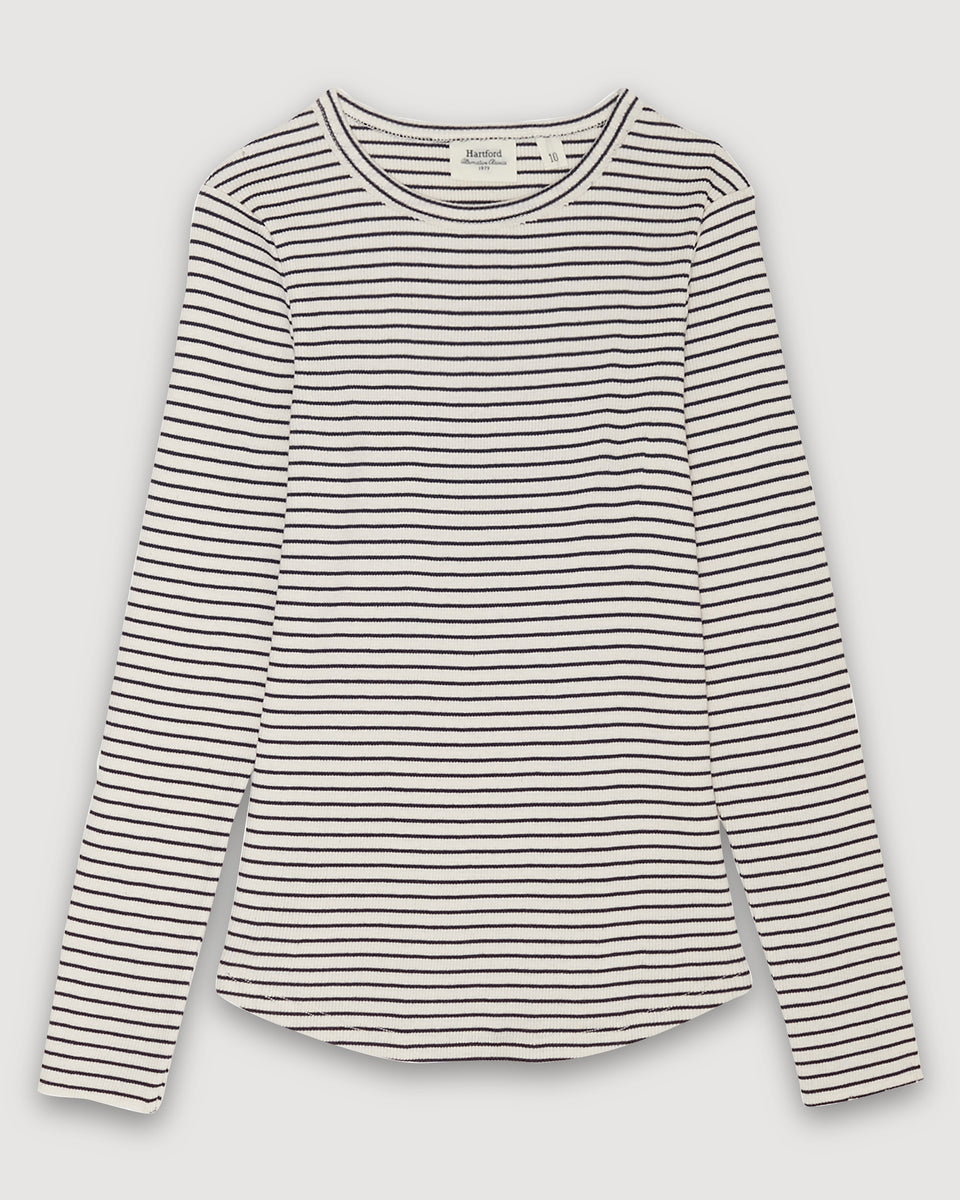 Talaro Girl's Off-White & Navy striped ribbed cotton T-shirt - Image principale