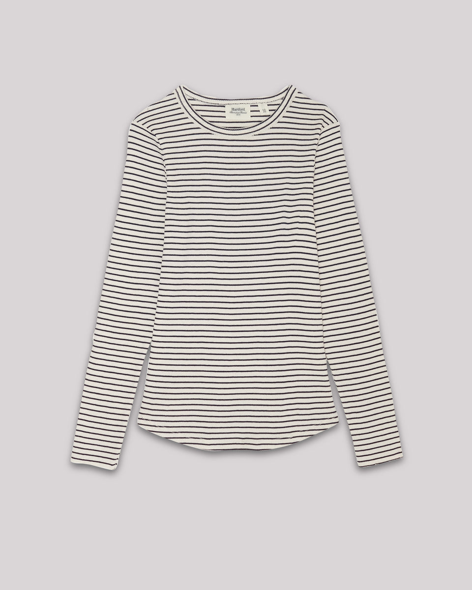 Talaro Girl's Off-White & Navy striped ribbed cotton T-shirt - Image principale