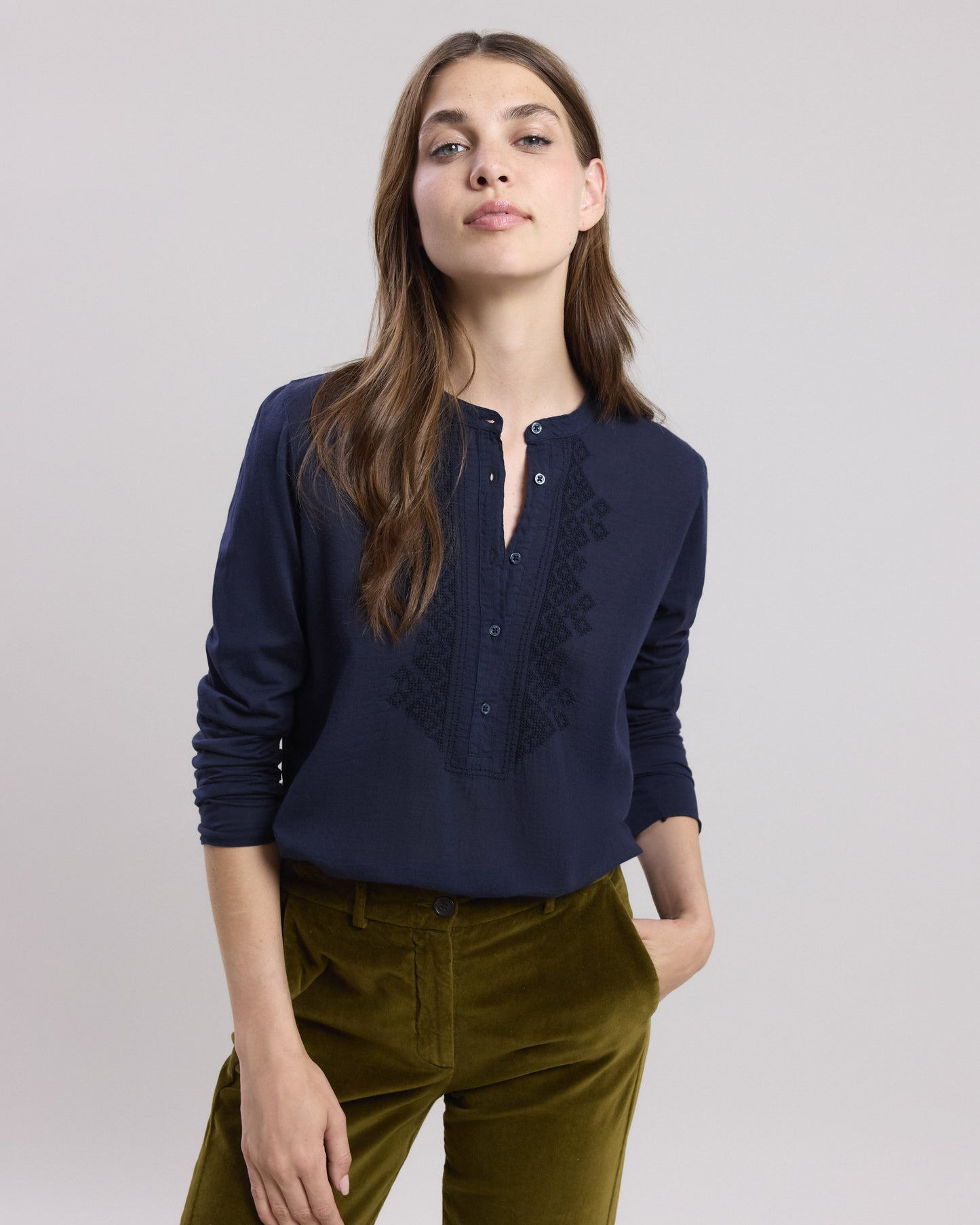 Tee shirt Femme en coton bi-matière Bleu Nuit Taenia