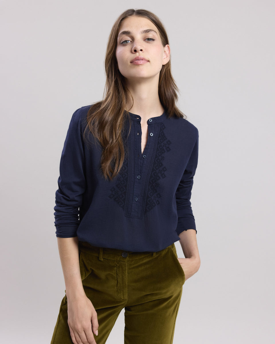 Tee shirt Femme en coton bi-matière Bleu Nuit Taenia - Image principale