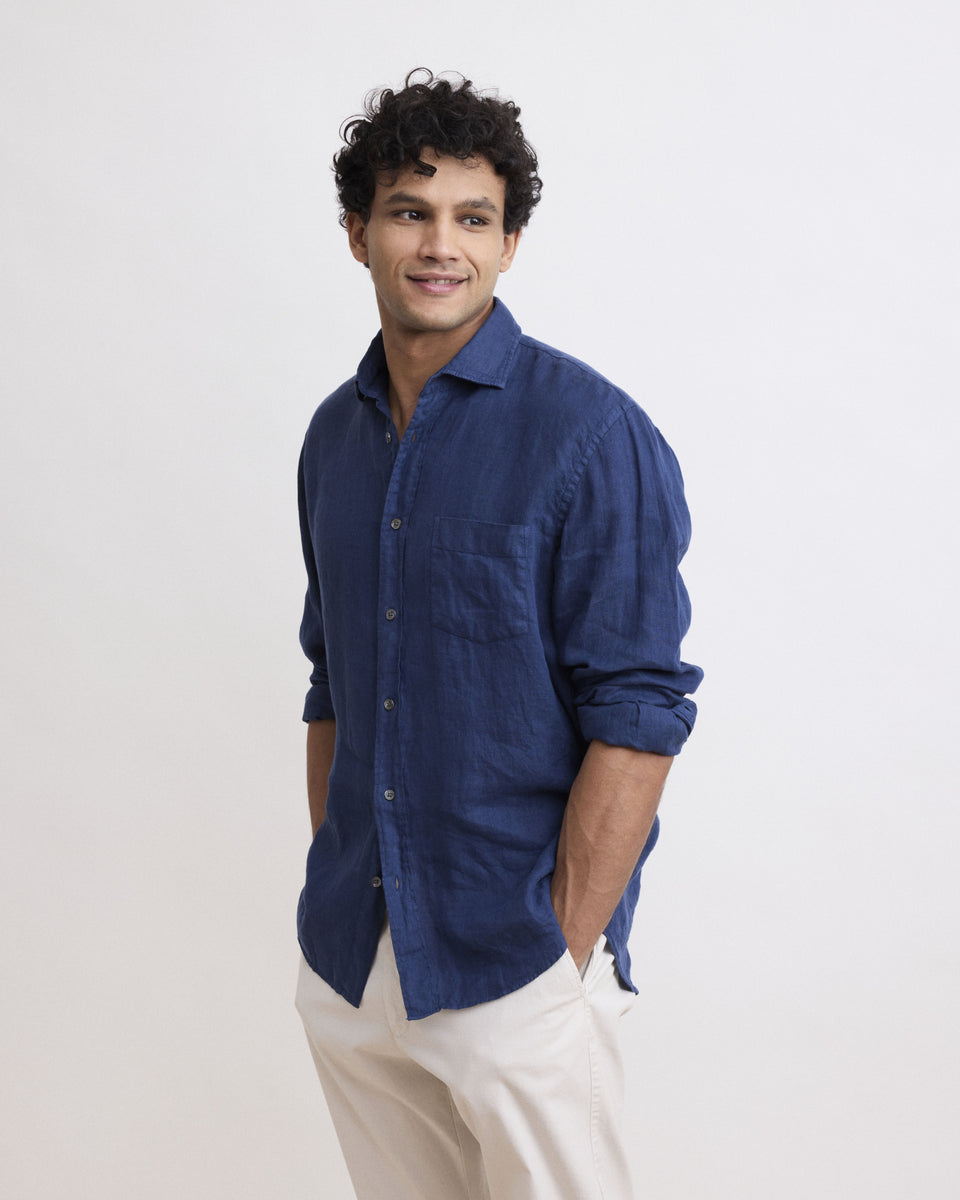 Paul Men's Navy Blue Linen Shirt - Image alternative