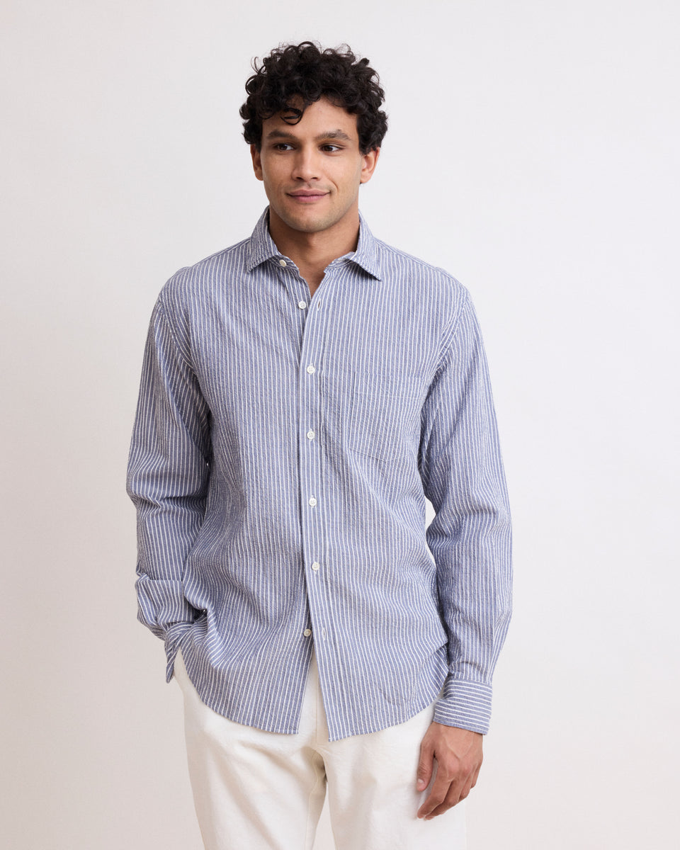 Paul Men's Navy Blue & White Striped Seersucker Shirt - Image principale