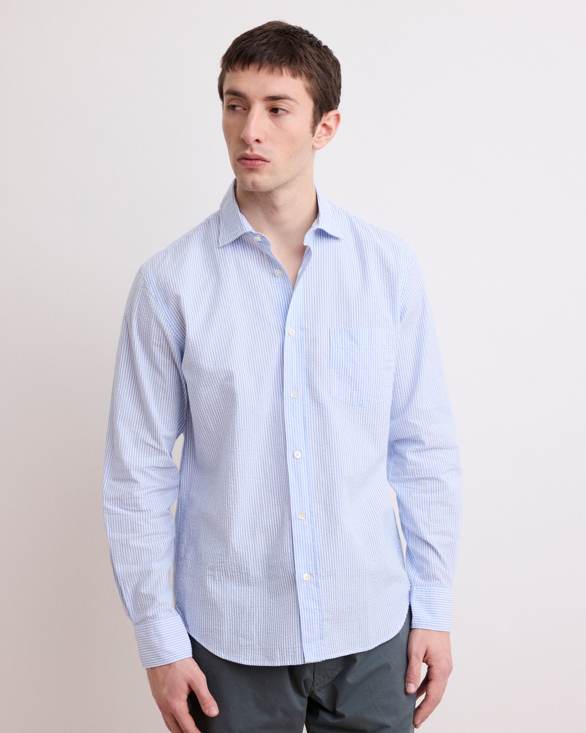 Chemise Homme en Seersucker Rayé Bleu Ciel Paul