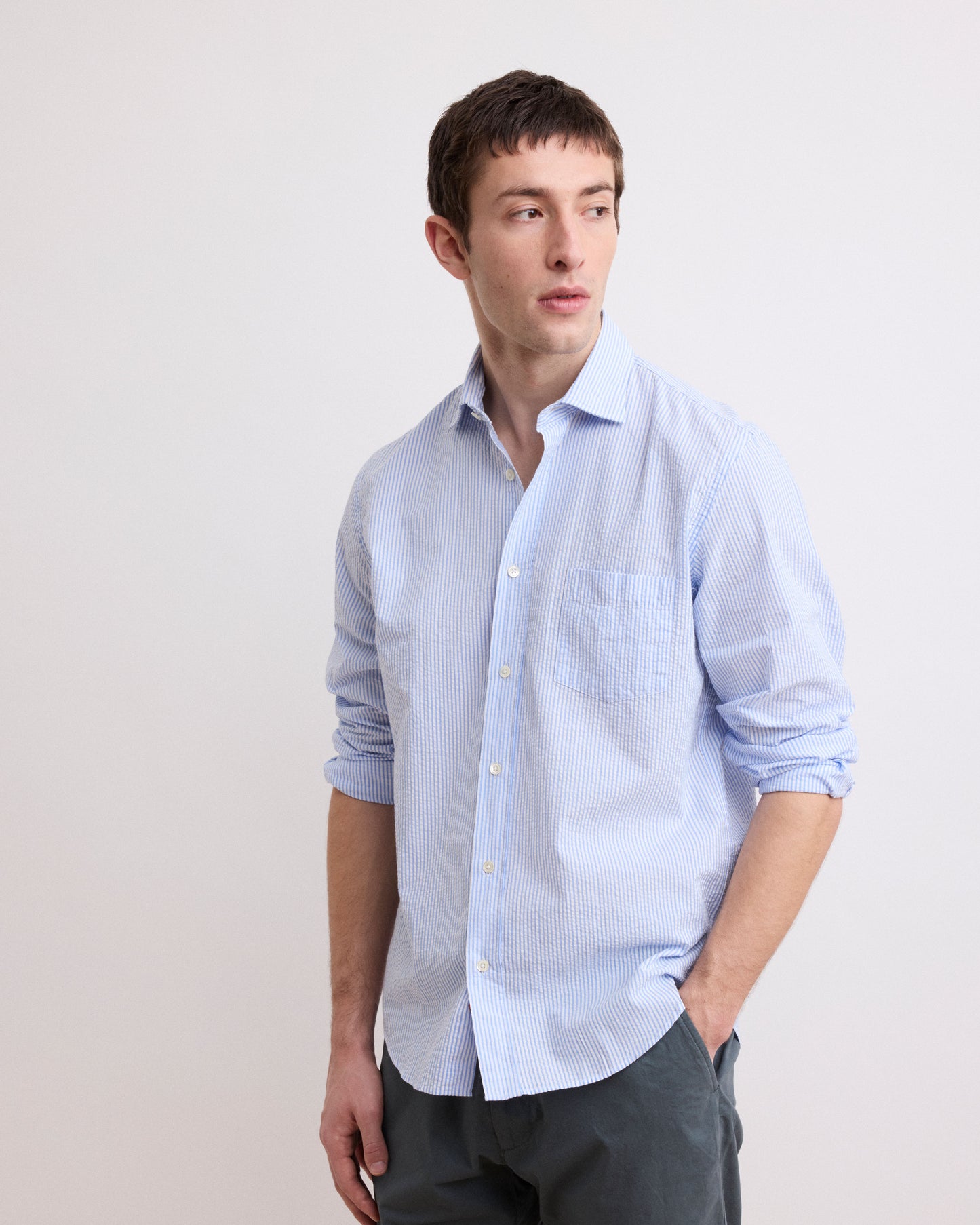 Chemise Homme en Seersucker Rayé Bleu Ciel Paul