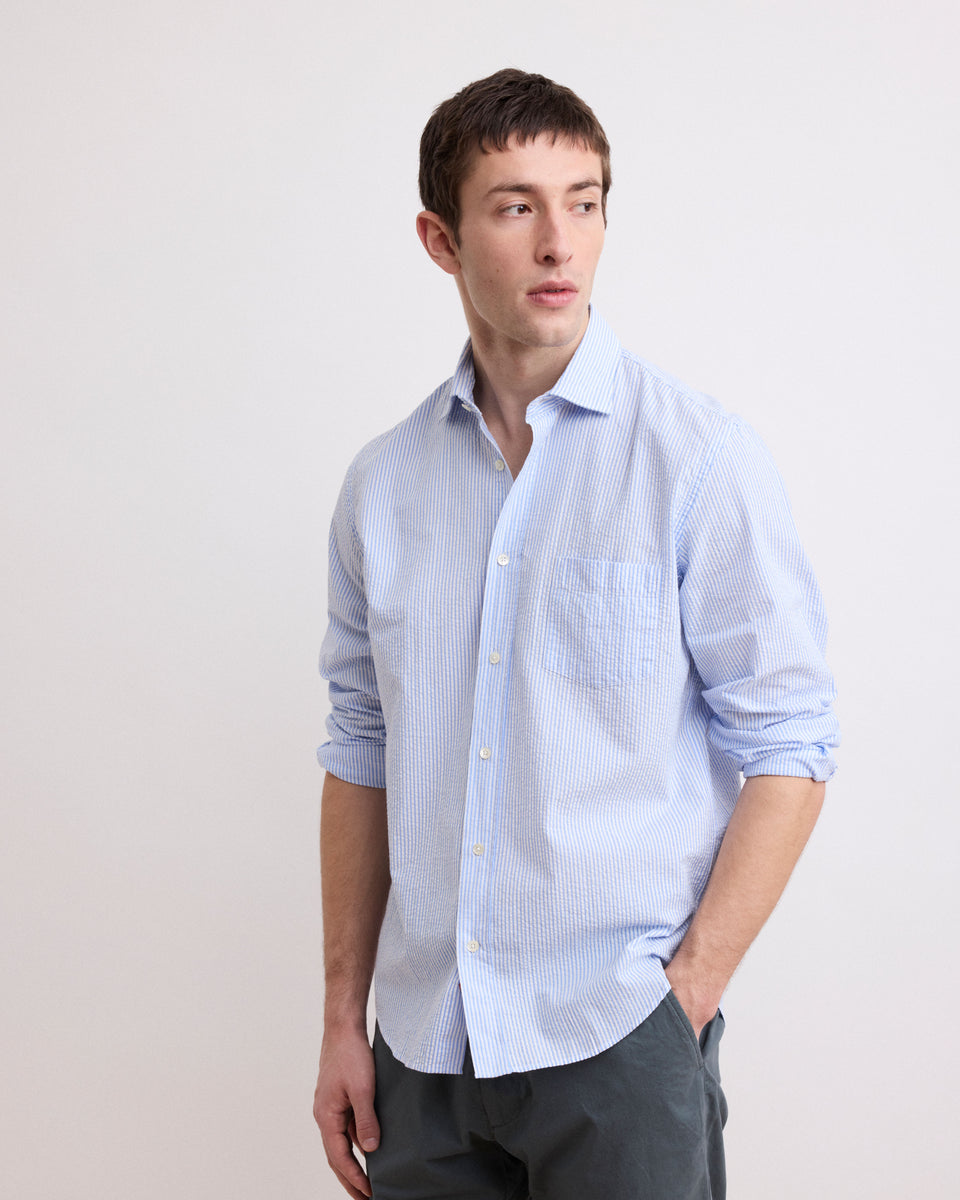 Paul Men's Sky Blue Striped Seersucker Shirt - Image alternative