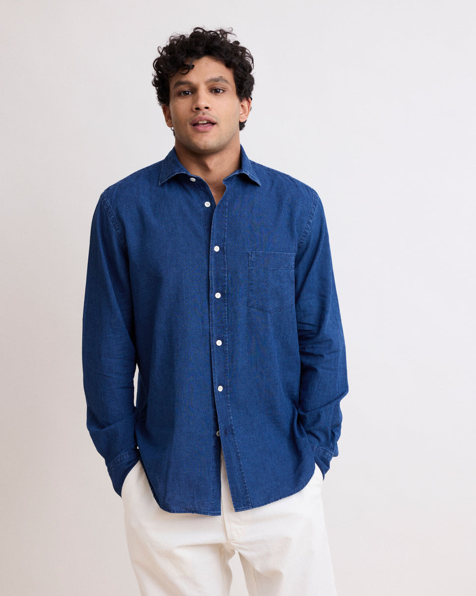 Paul Men's Indigo Blue Checked Linen & Cotton Shirt - Image principale