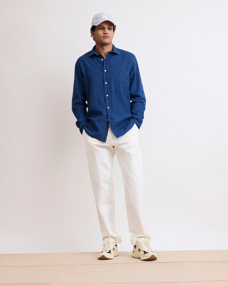 Paul Men's Indigo Blue Checked Linen & Cotton Shirt - Image 3