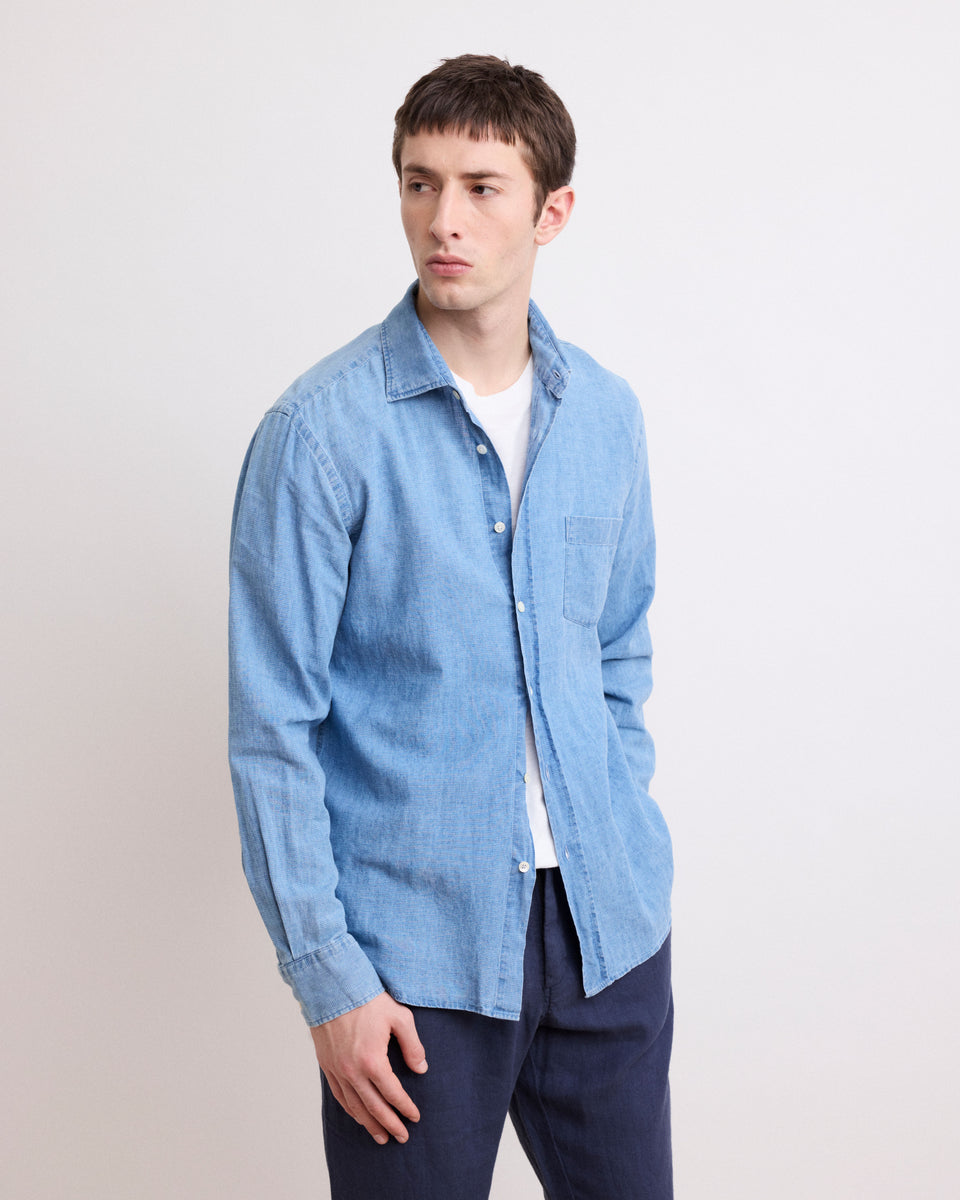 Paul Men's Light Indigo Checked Linen & Cotton Shirt - Image principale