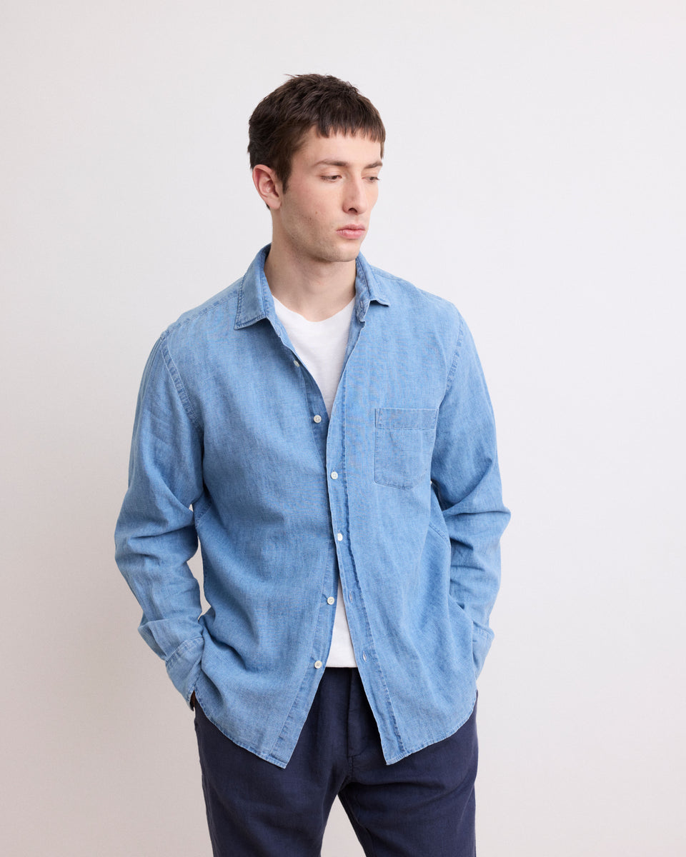 Paul Men's Light Indigo Checked Linen & Cotton Shirt - Image alternative