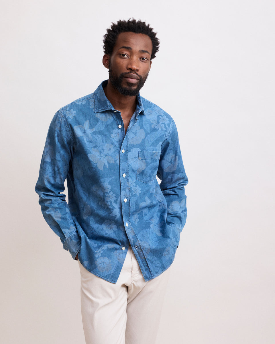 Paul Men's Indigo Blue “Hibiscus” Printed Cotton Shirt - Image principale