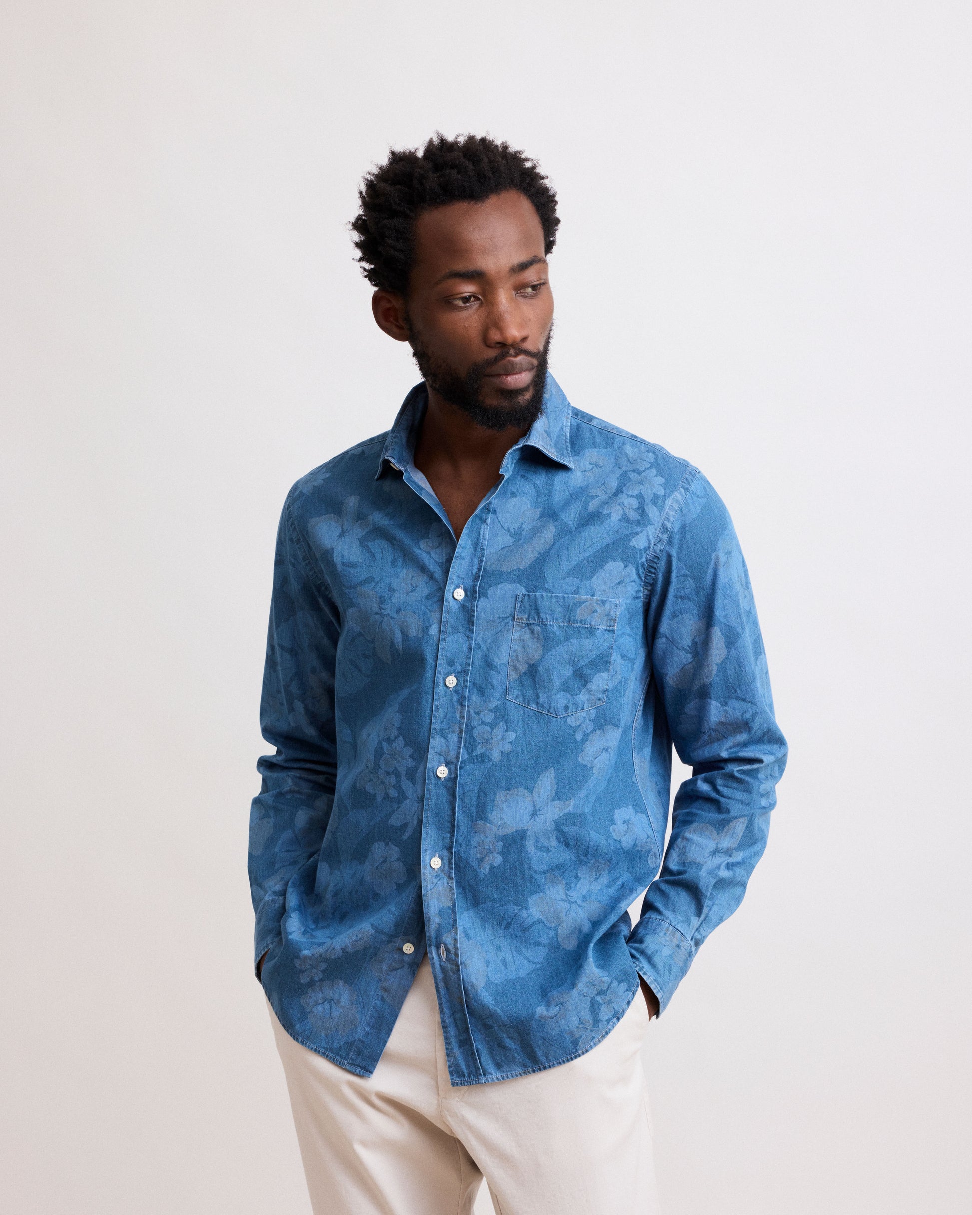 Chemise Homme en Coton Imprimé "Hibiscus" Bleu Indigo Paul