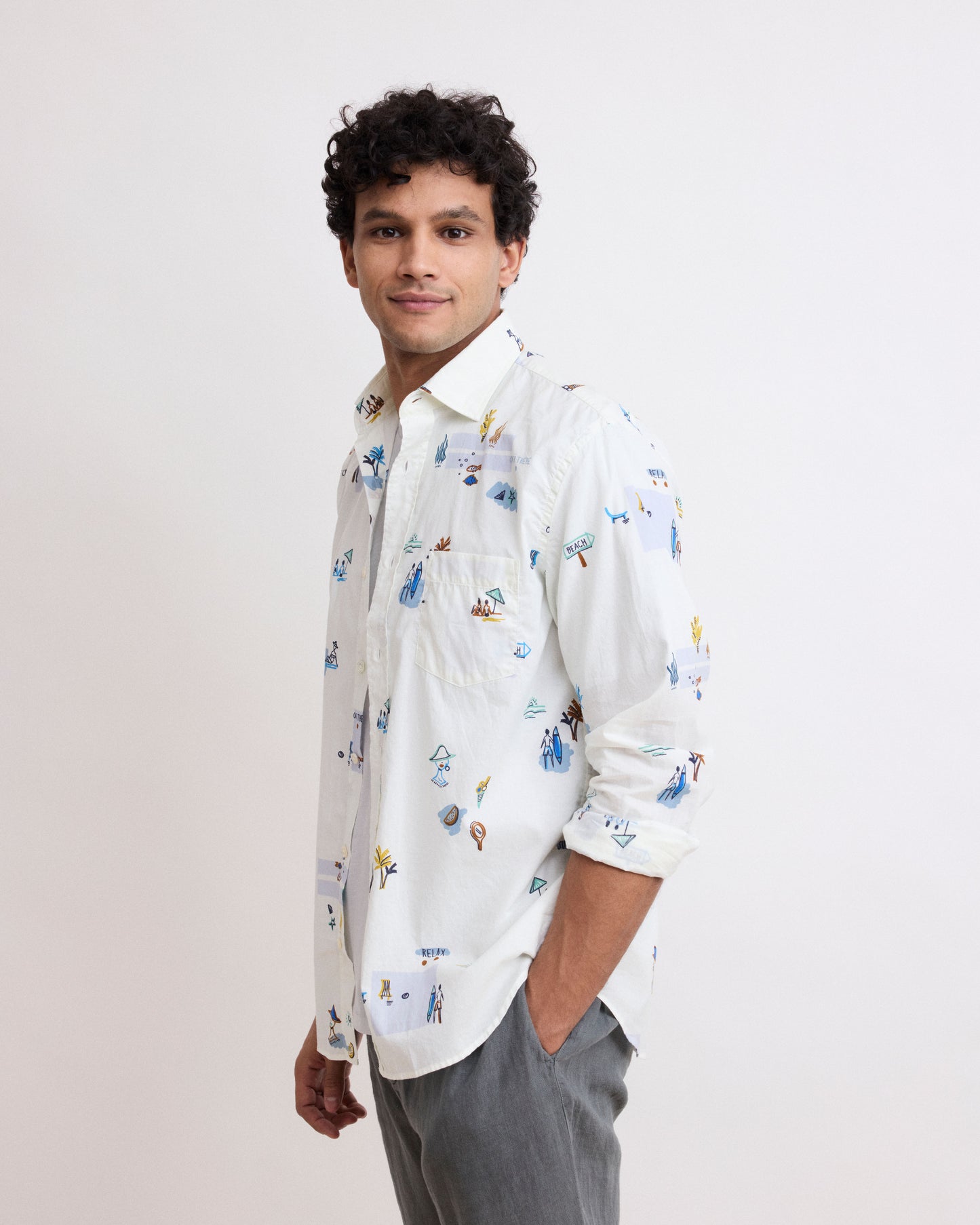 Chemise Homme en Coton Imprimé "At the beach" Blanc Paul