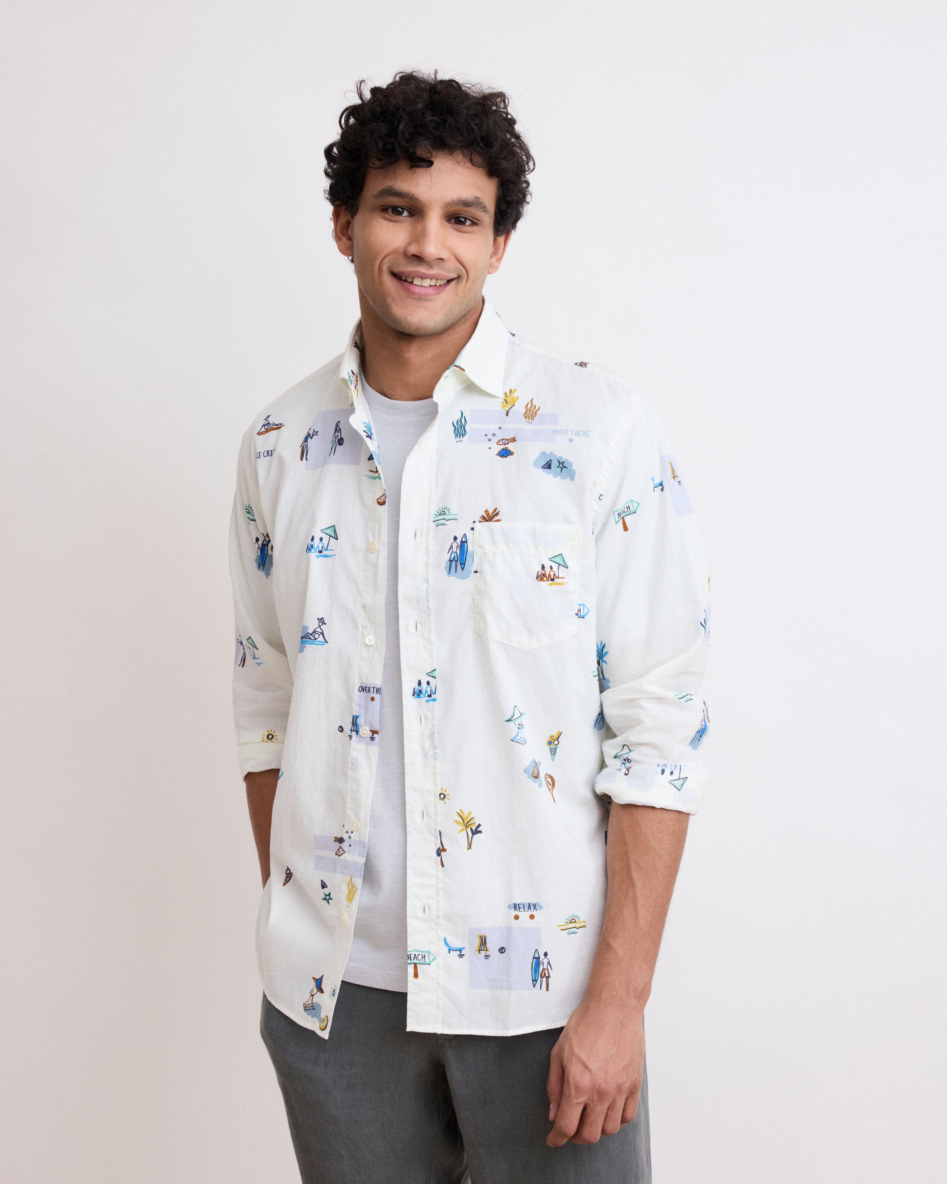 Chemise Homme en Coton Imprimé "At the beach" Blanc Paul