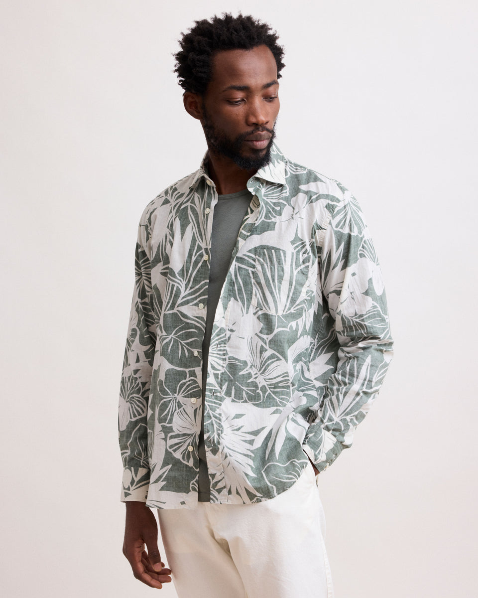 Paul Men's Green “Hibiscus” Printed Cotton Shirt - Image principale