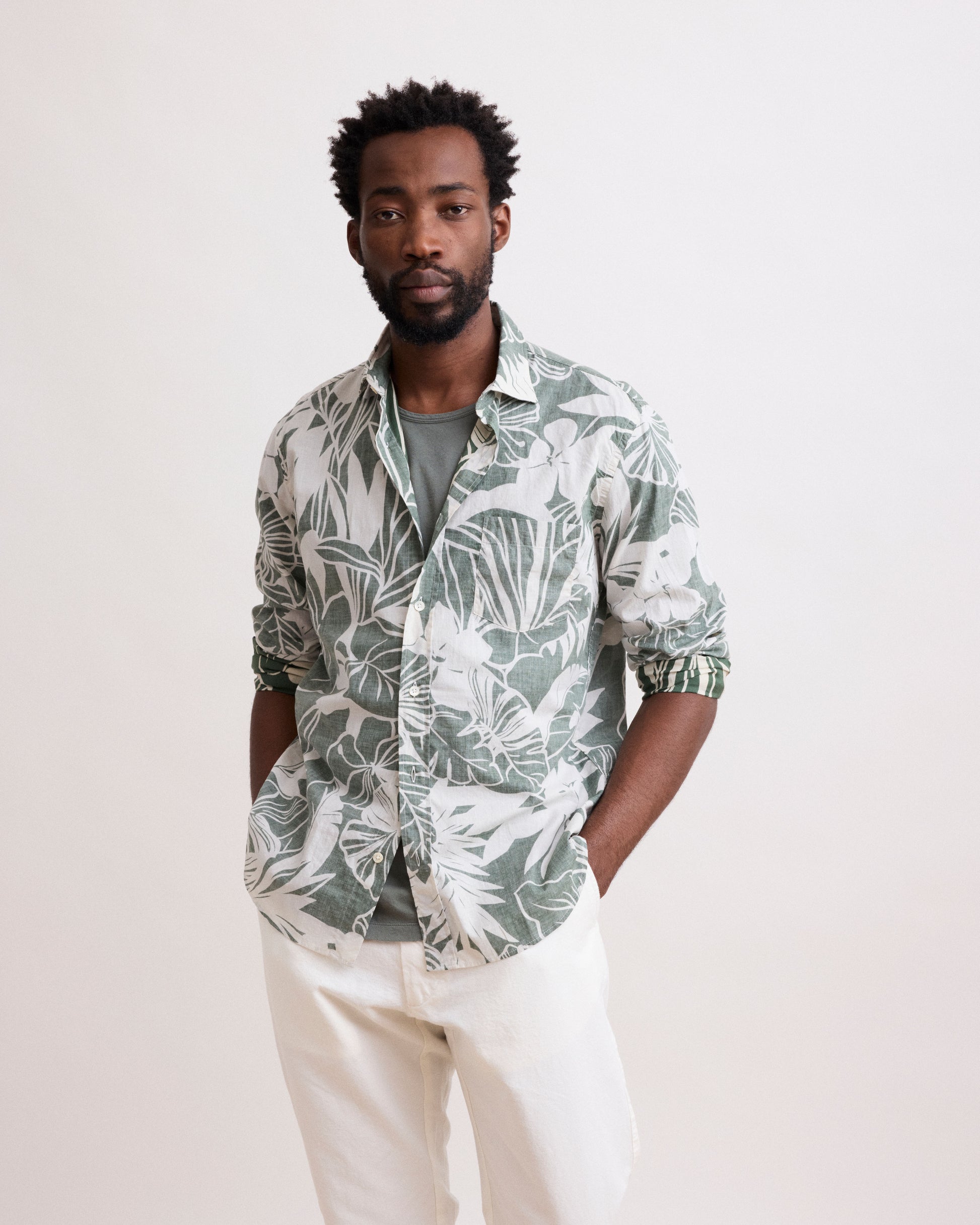 Chemise Homme en Coton Imprimé "Hibiscus" Vert Paul