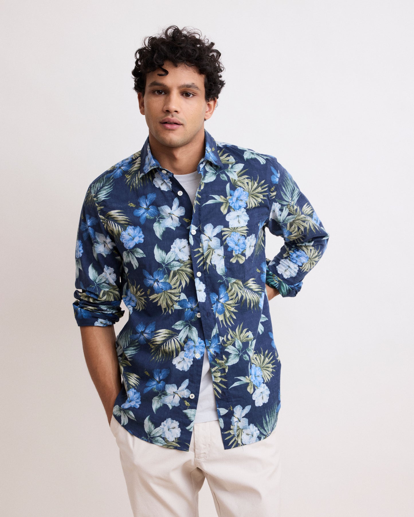 Chemise Homme en Coton Imprimé "Hawaï" Bleu Marine Paul