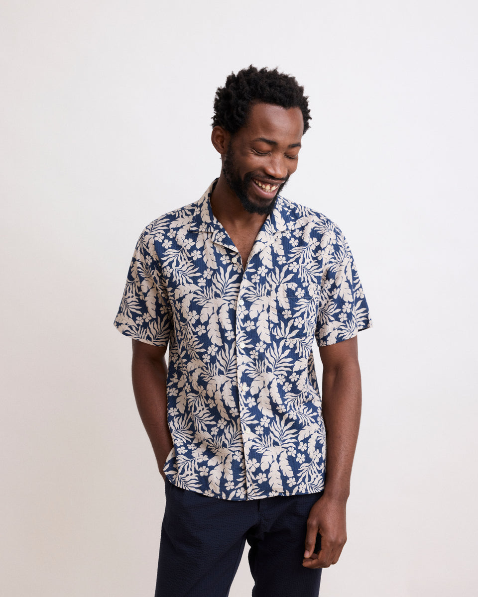 Palm Men's Deep Blue Printed Seersucker Shirt - Image principale