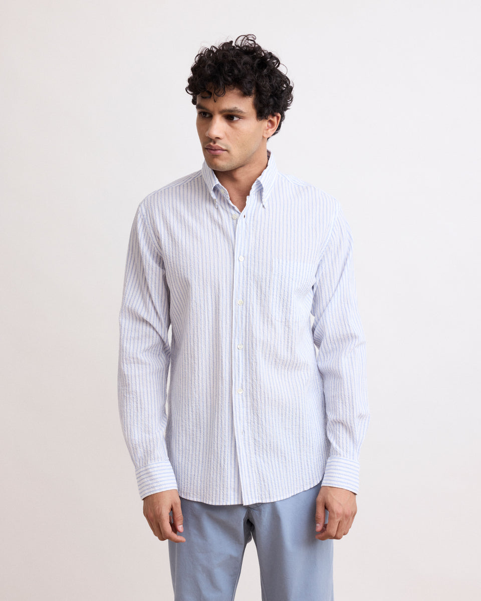 Pitt Men's Blue & White Striped Seersucker Shirt - Image principale