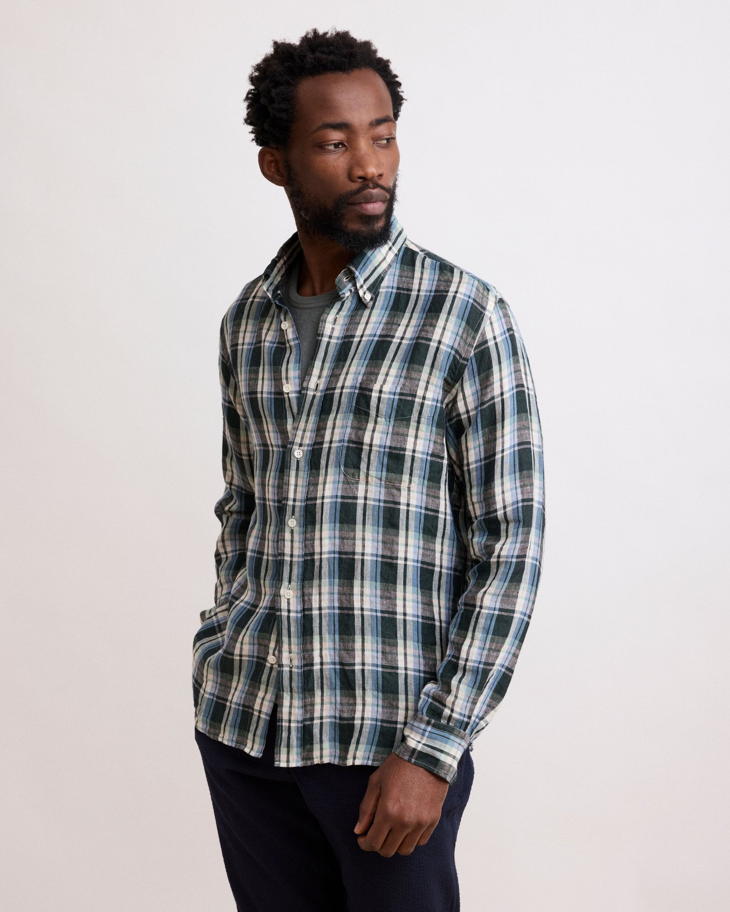 Chemise Homme en Madras de Lin Vert Pitt