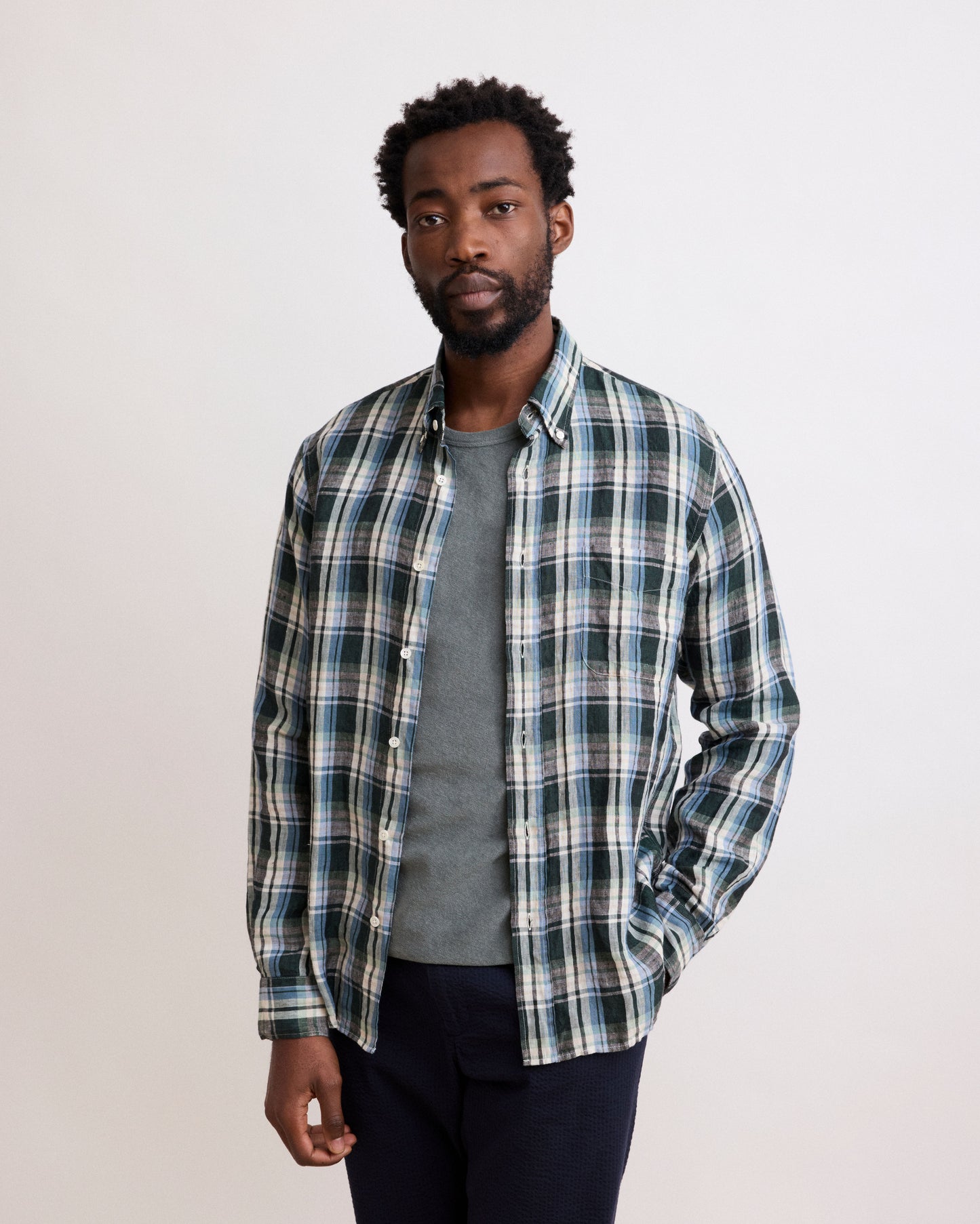 Chemise Homme en Madras de Lin Vert Pitt