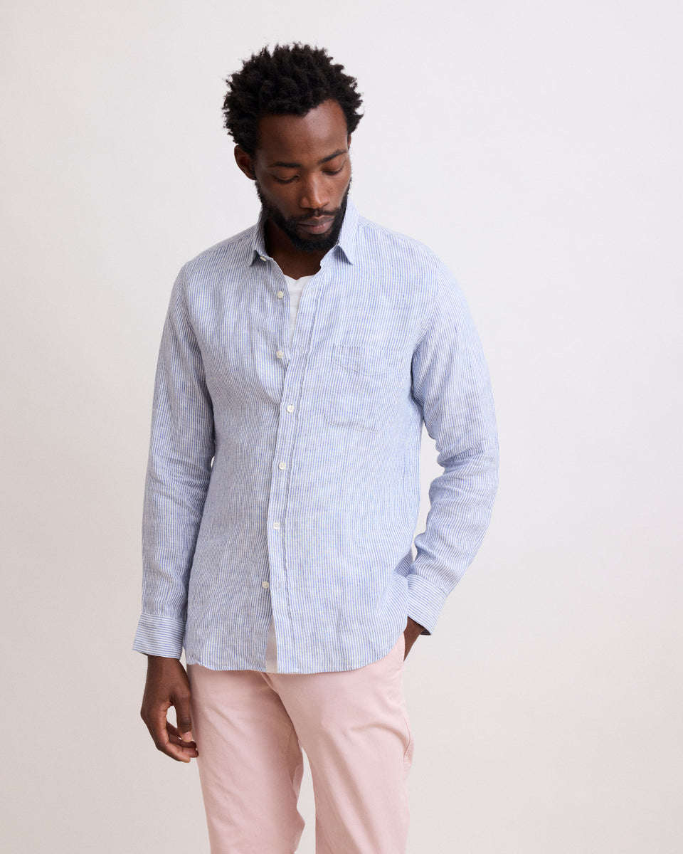 Storm Men's Navy Blue & White End-On-End Linen Shirt - Image alternative